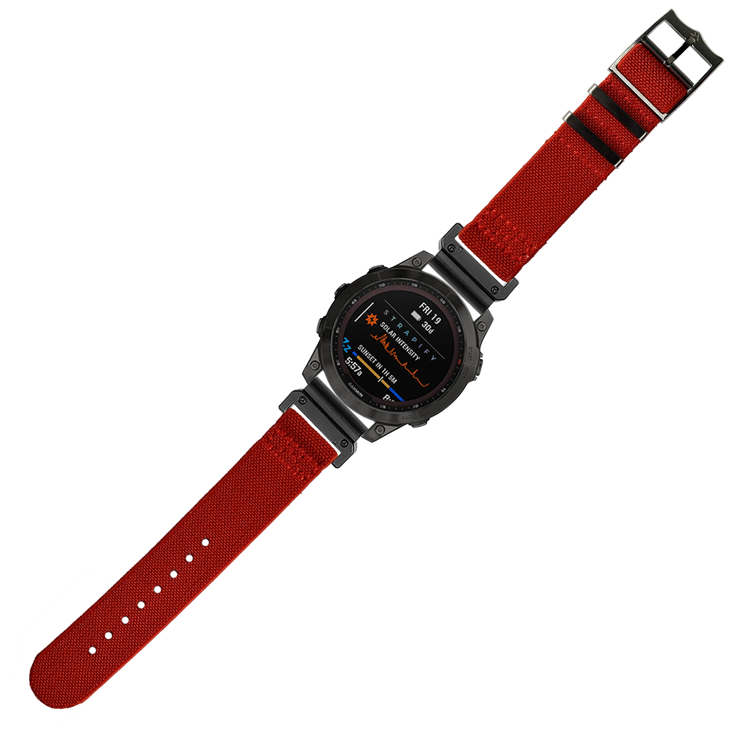 Black digital smartwatch with red ElastoFlex fabric band, displaying heart rate and fitness data on AMOLED screen