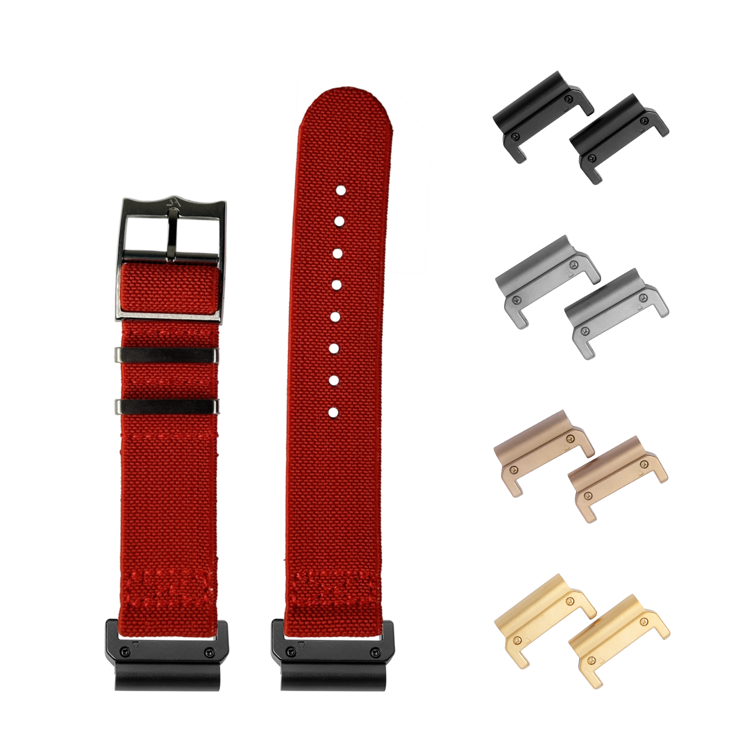 Red fabric watch bands with quick-release buckles and interchangeable metal lugs in black, silver, bronze, and gold finishes