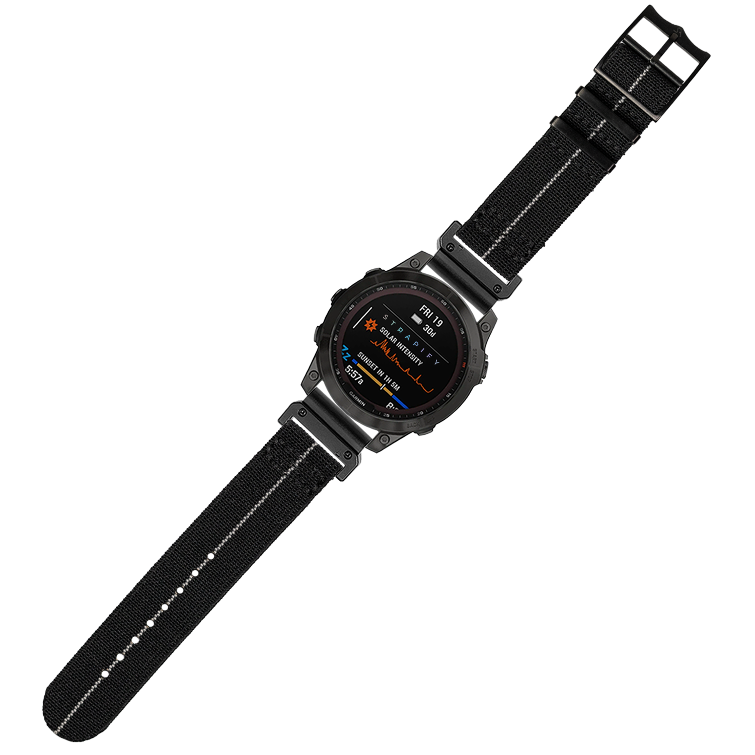 Black tactical smartwatch with AMOLED display and ElastoFlex nylon strap, featuring white stitching and black hardware buckle