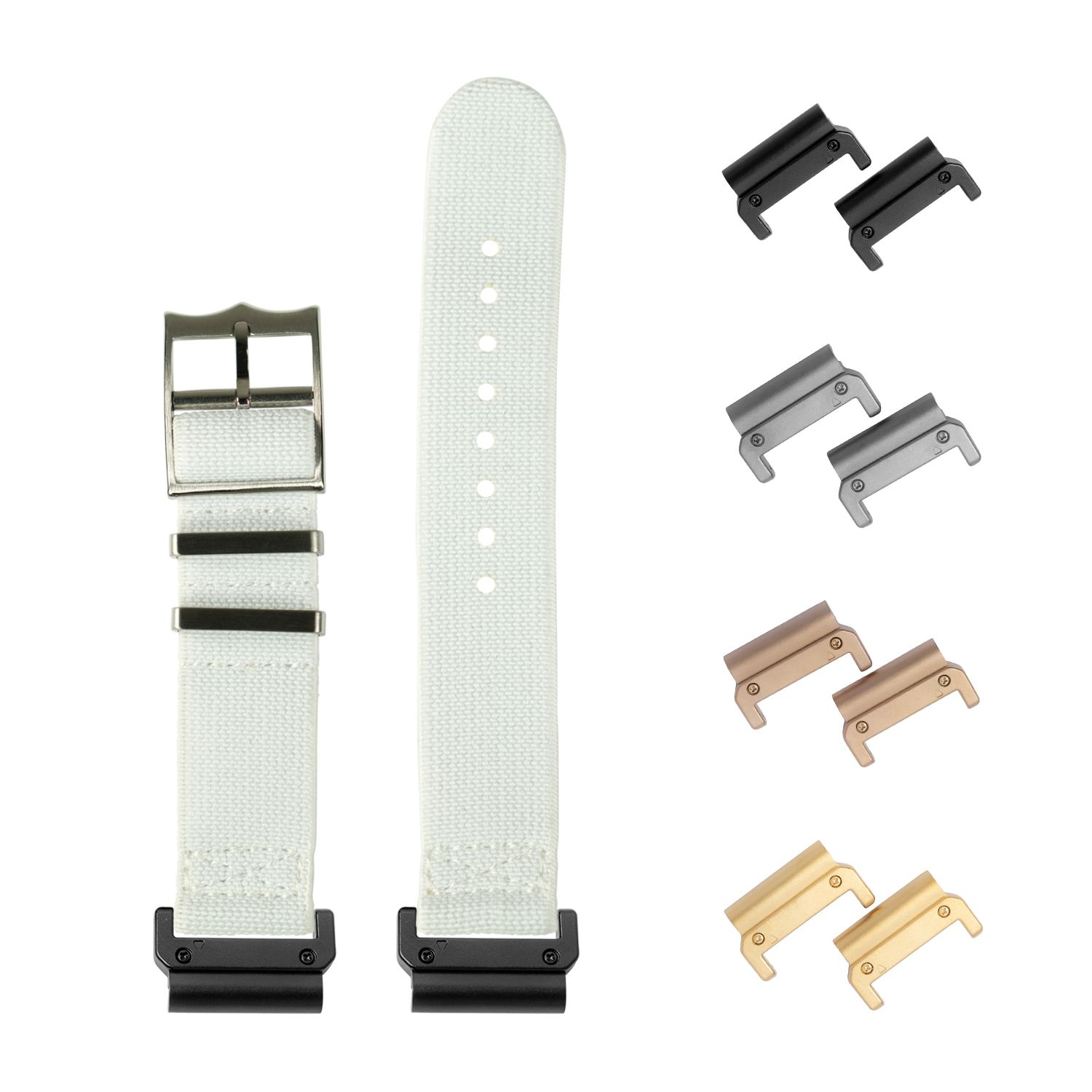 White fabric watch band 22mm with interchangeable lugs in black, silver, bronze and gold finishes