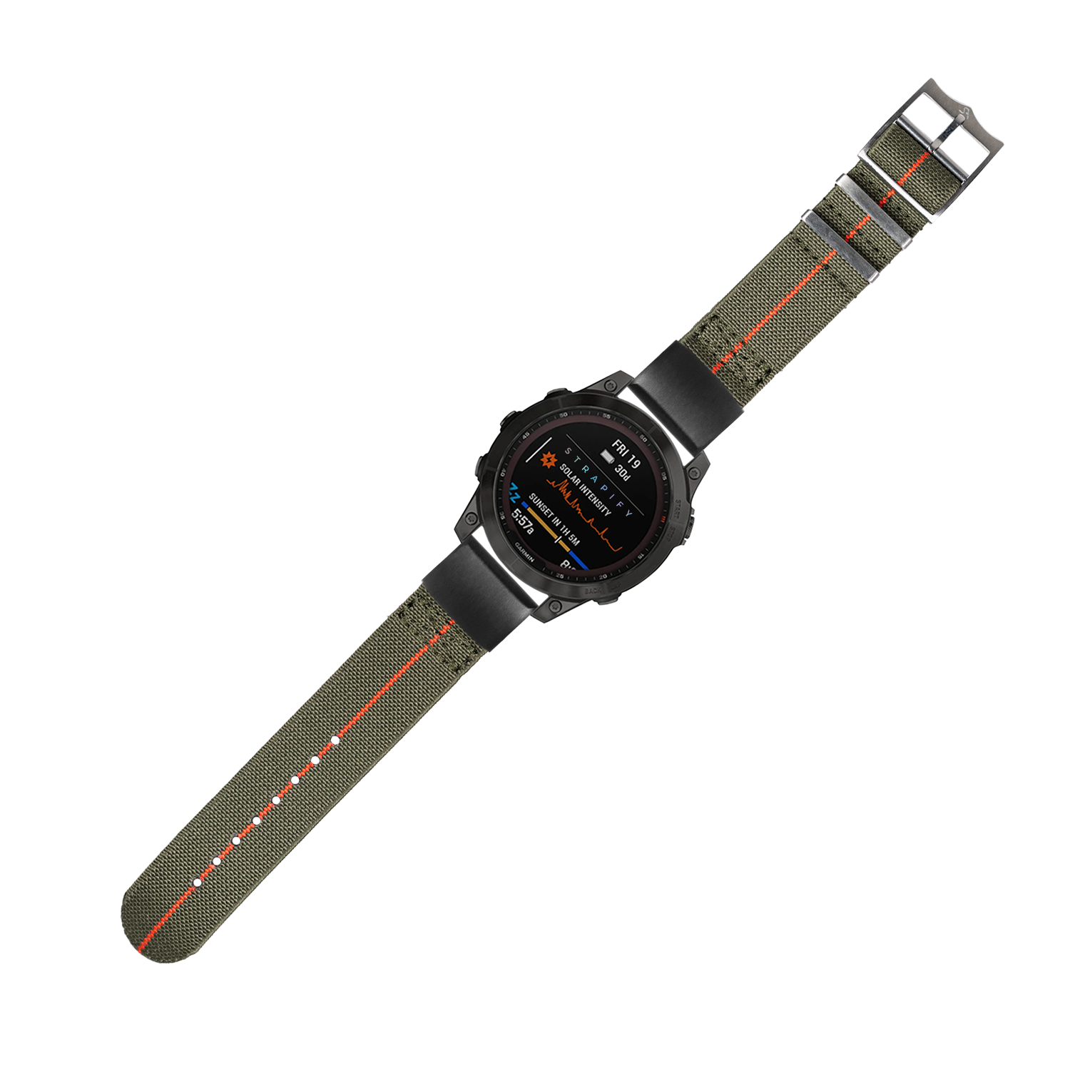 Military-style smartwatch with black case, AMOLED display, and green fabric band with red stitching
