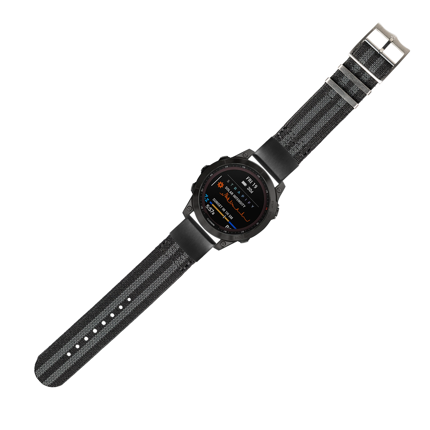 Black digital sports watch with AMOLED display and gray fabric quick-release strap, tactical design