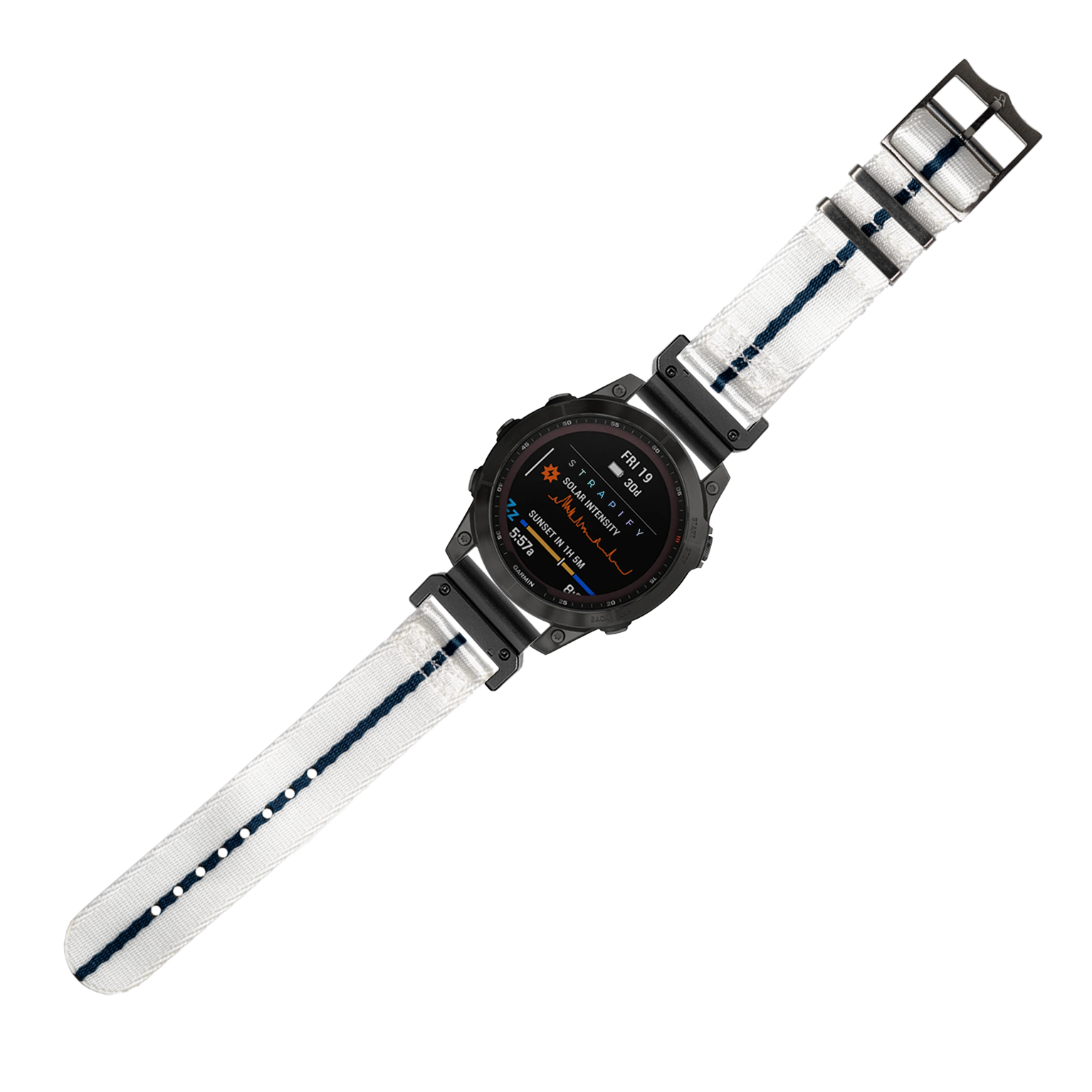 Black digital smartwatch with white and blue tactical fabric strap, displaying fitness metrics and date on AMOLED screen