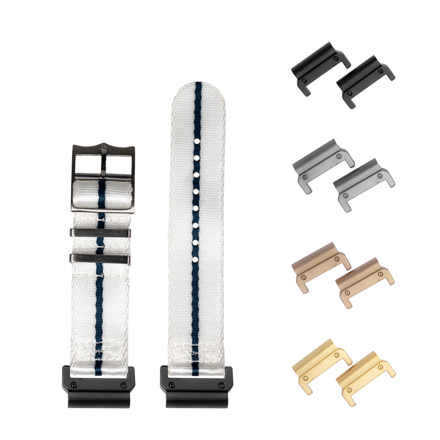 QuickFit Supreme Militex white and blue 22mm watch band with interchangeable metal hardware in black, silver, bronze and gold finishes