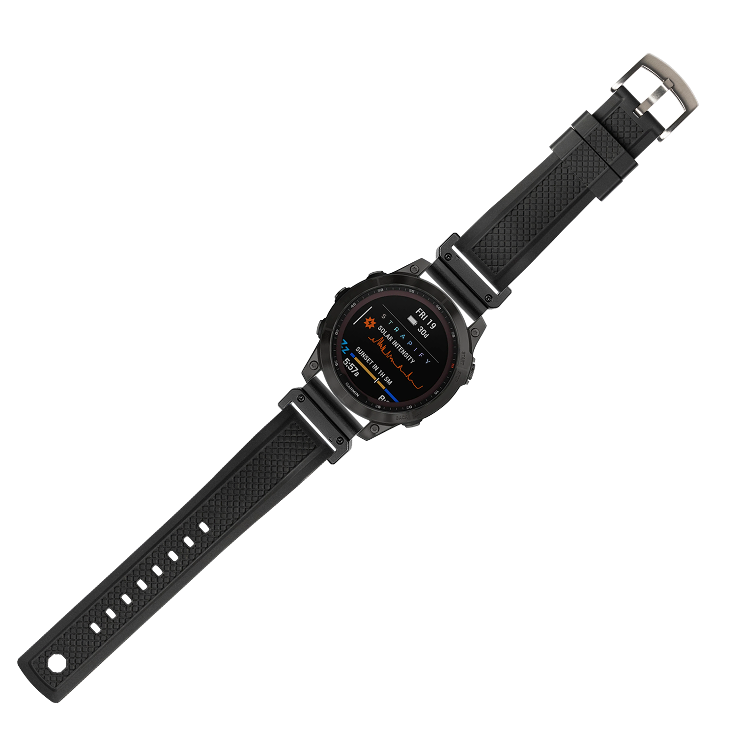 Black QuickFit GridLock FKM rubber watch band 26mm with digital smartwatch display and metal hardware