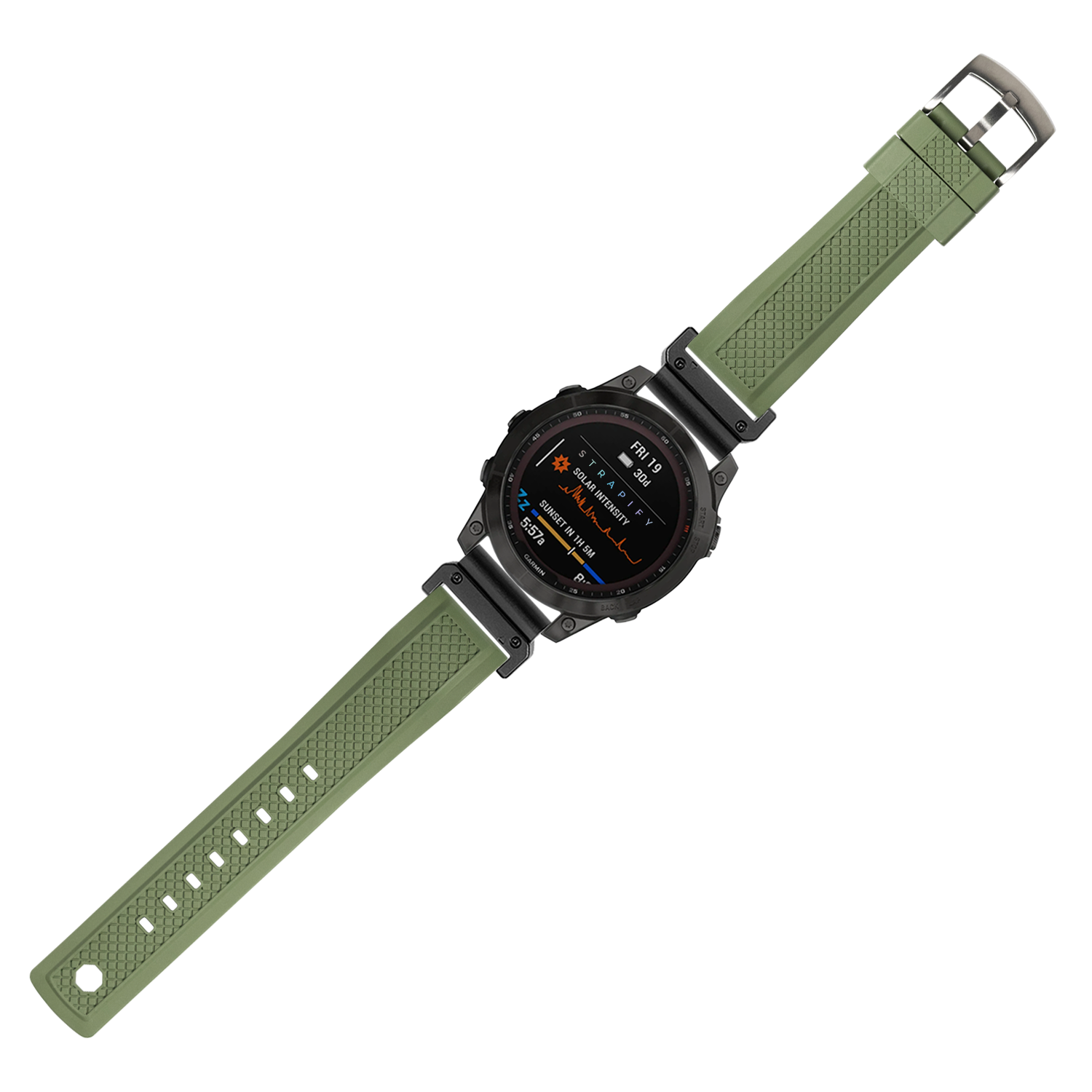 Tactical smartwatch with forest green FKM rubber band and black digital face displaying data metrics