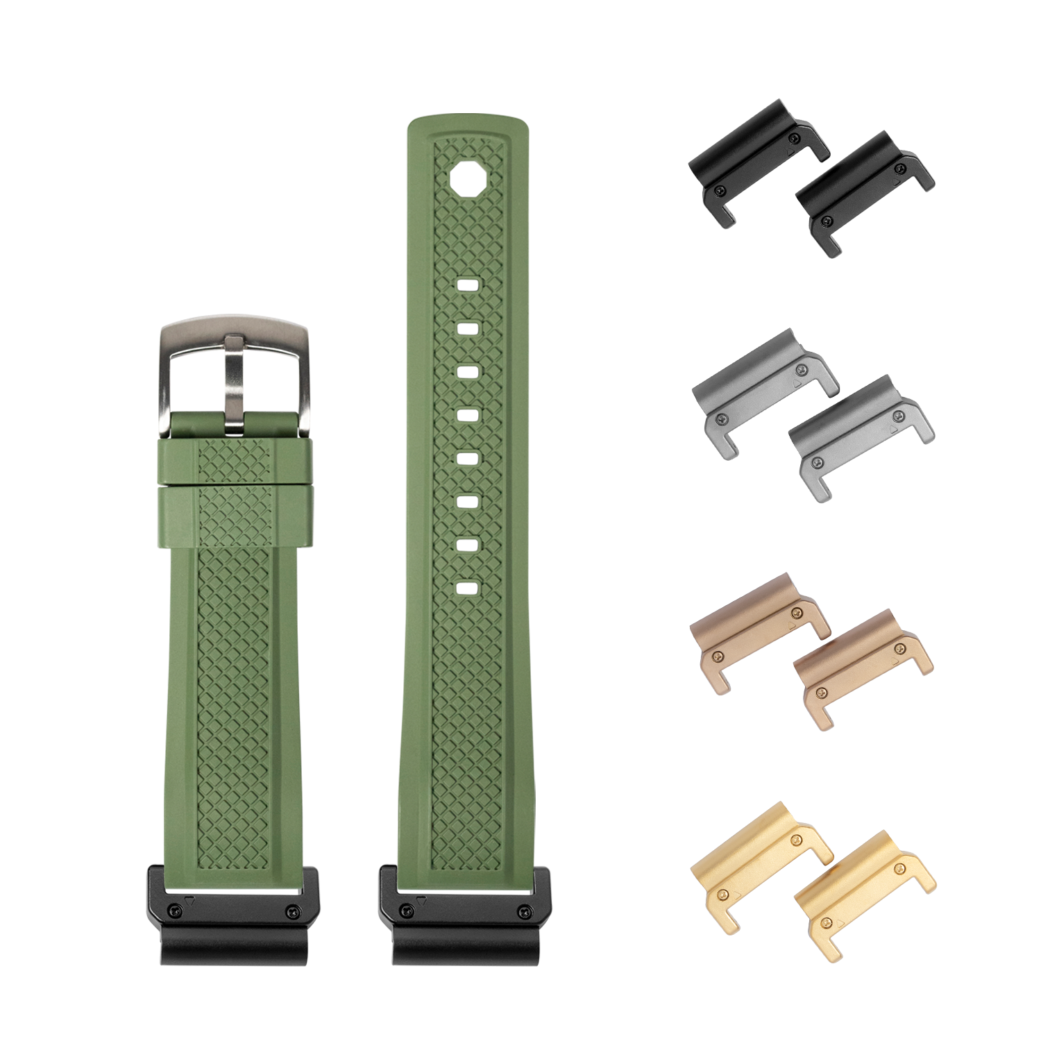 QuickFit GridLock FKM rubber watch band in forest green 26mm with interchangeable metal lugs in black, silver, bronze and gold finishes