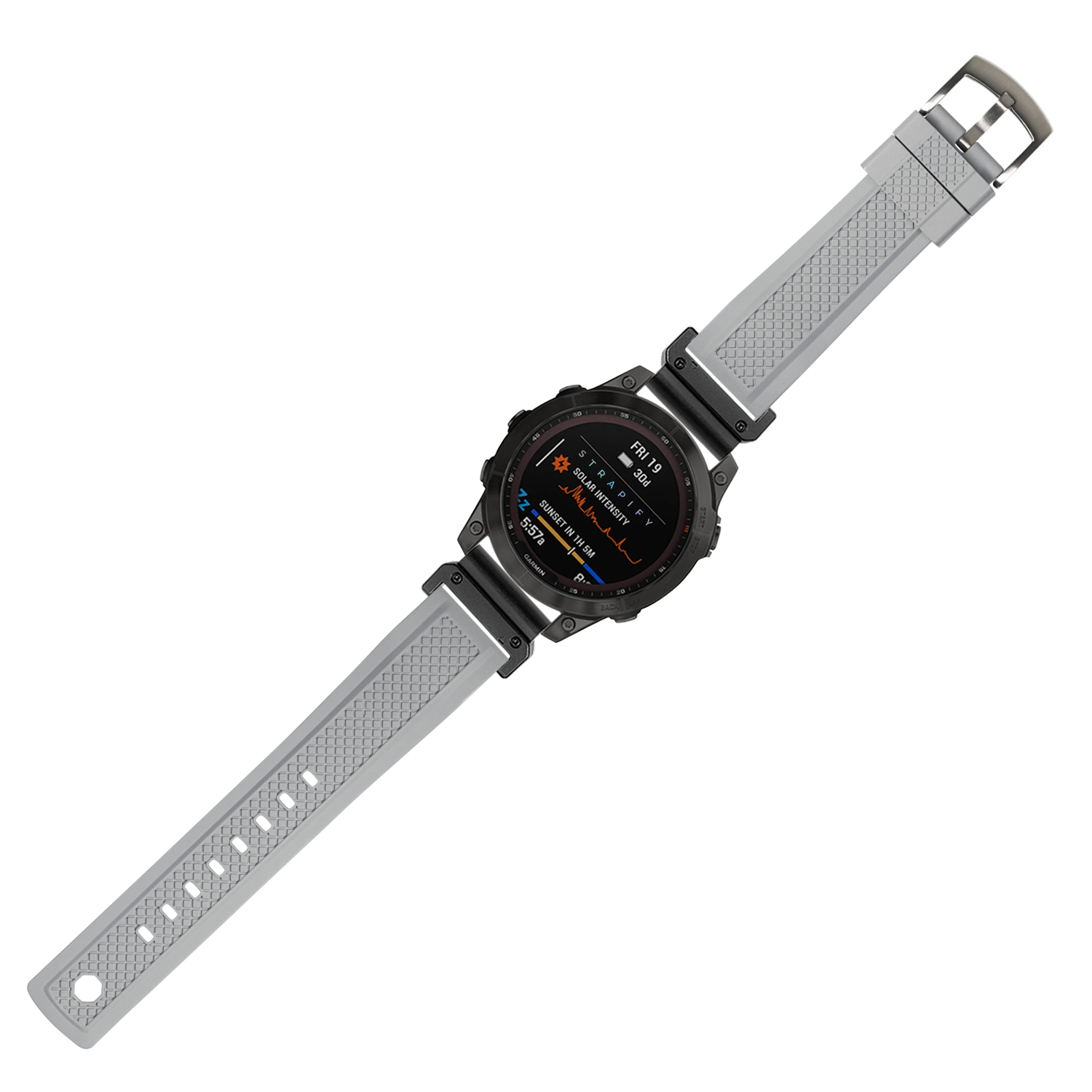 Black digital smartwatch with grey textured rubber strap and buckle closure, displaying colorful fitness metrics on AMOLED screen