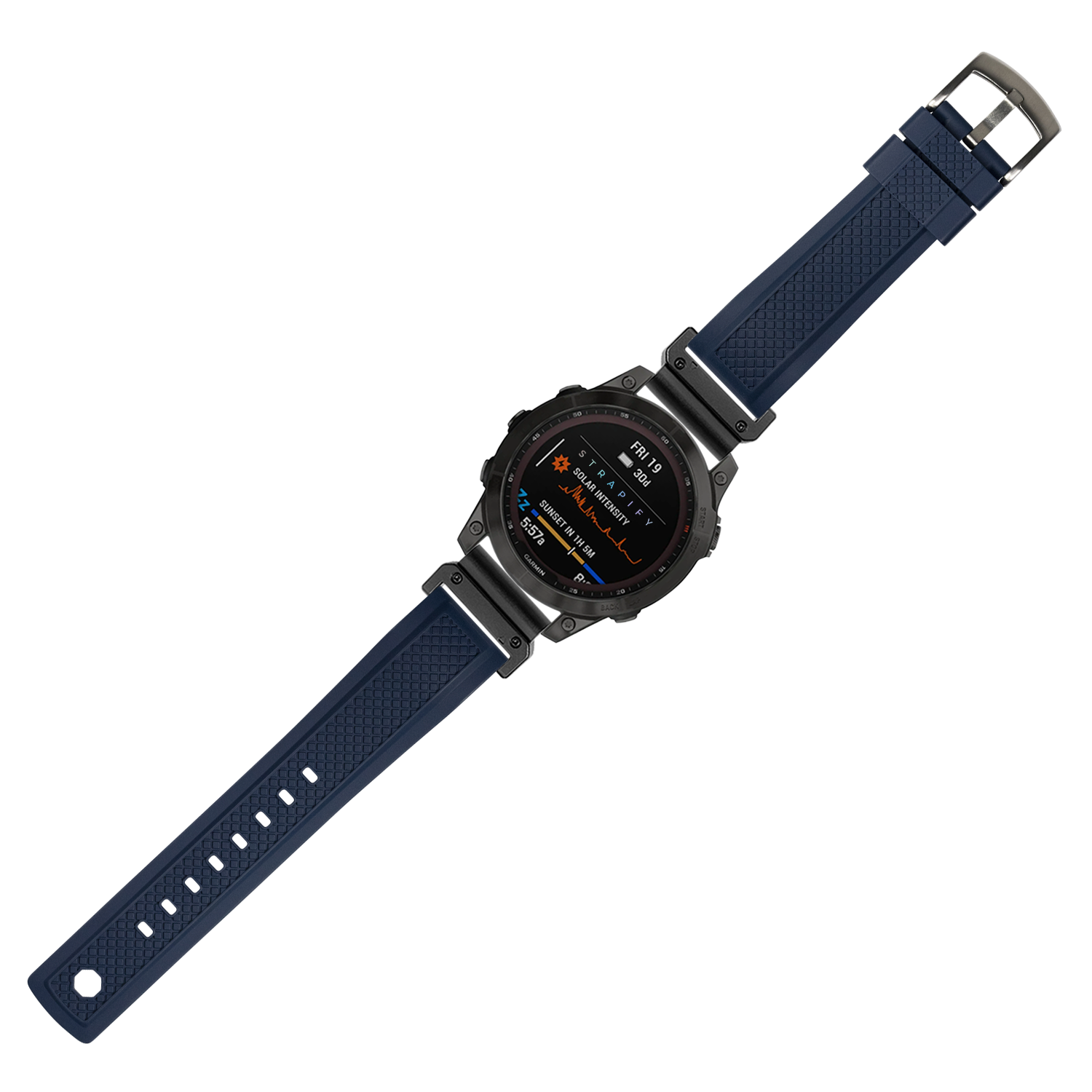 GridLock FKM rubber watch strap in navy blue 26mm with quick-fit system and metal buckle for sports watches