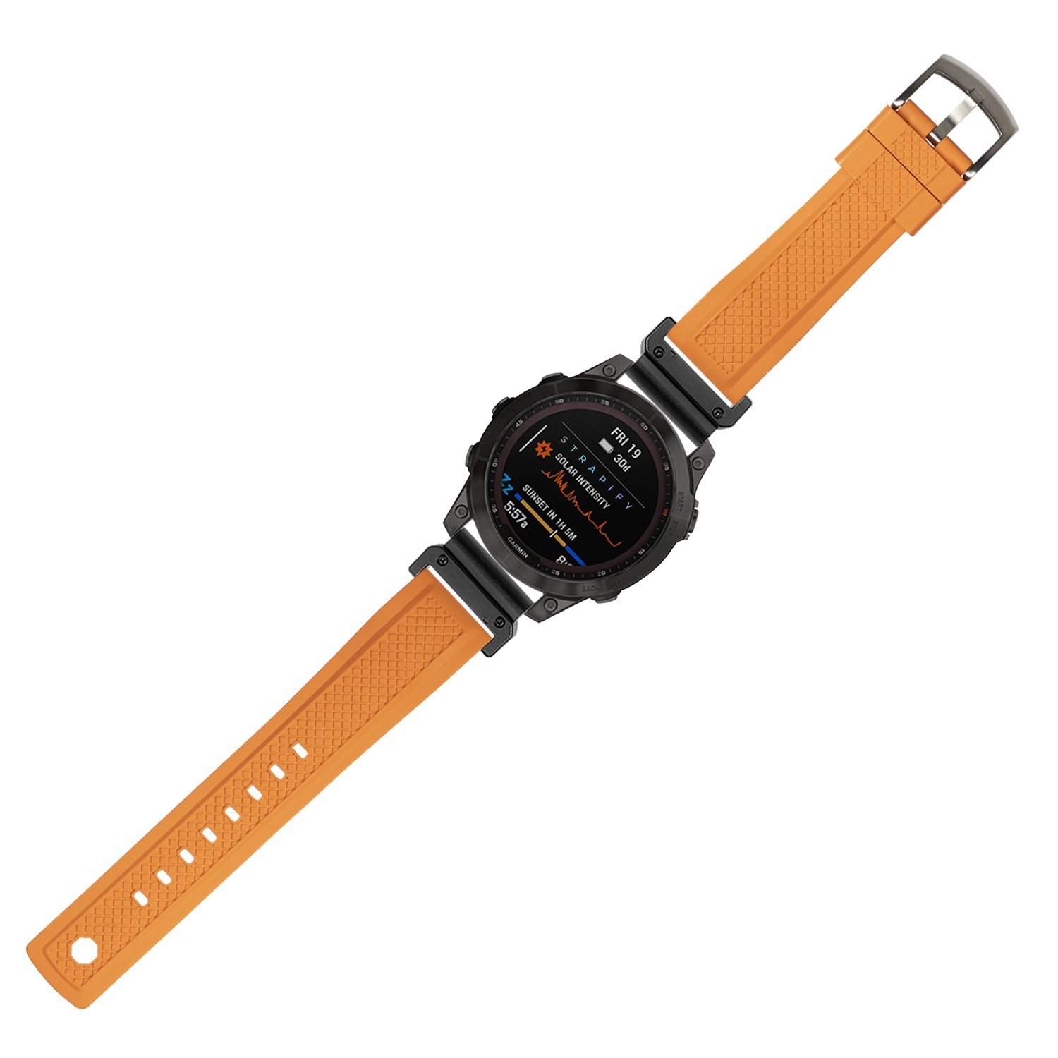 Black digital smartwatch with orange textured rubber band and metal case displaying fitness metrics on AMOLED screen