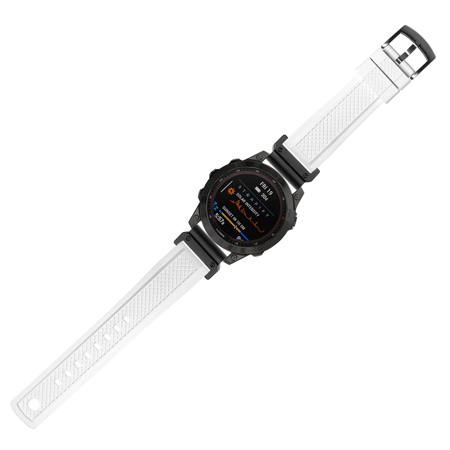 GridLock white FKM rubber watch band 26mm with black steel buckle and lugs, quickfit compatibility