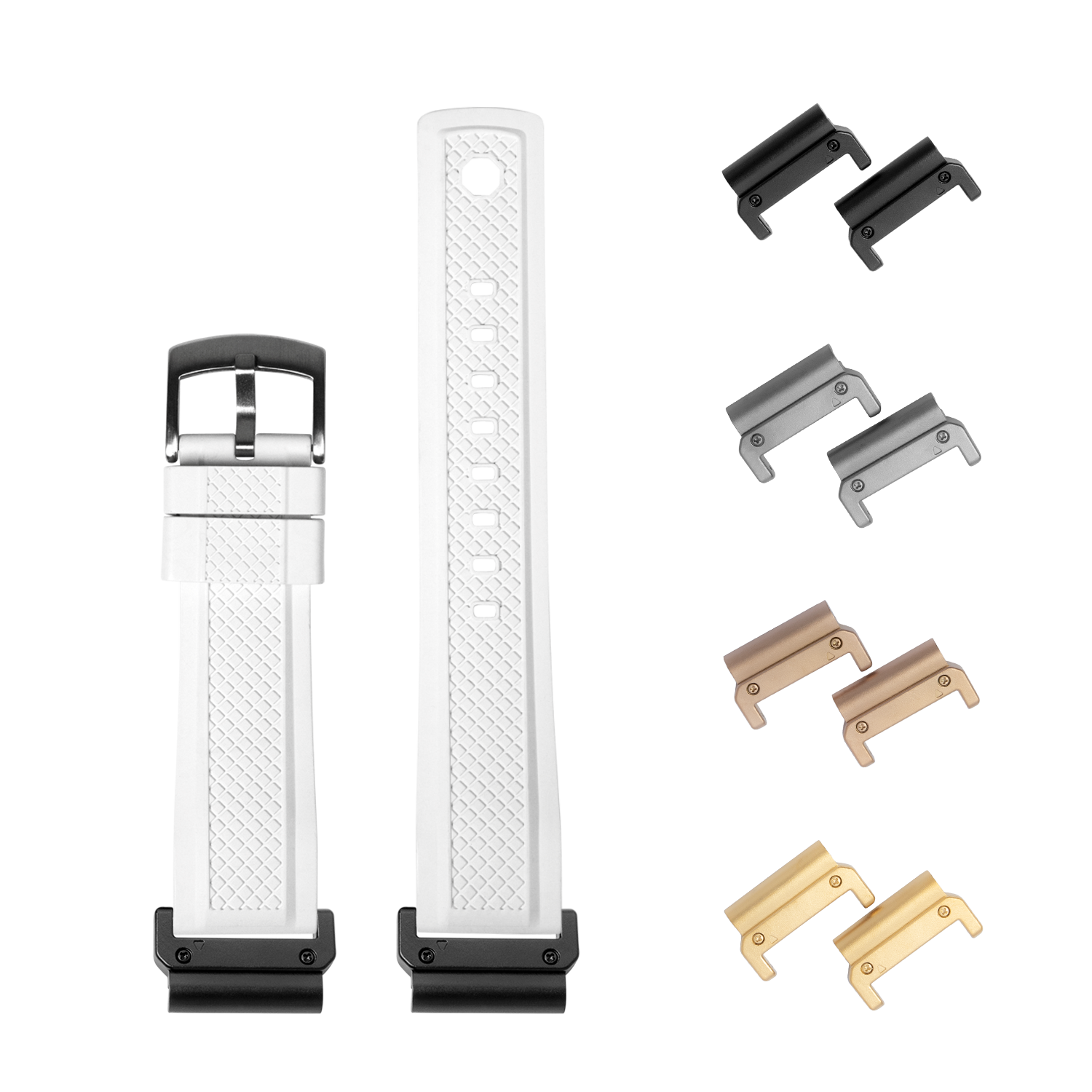 QuickFit GridLock white rubber watch strap with metal hardware and interchangeable lugs in multiple finishes