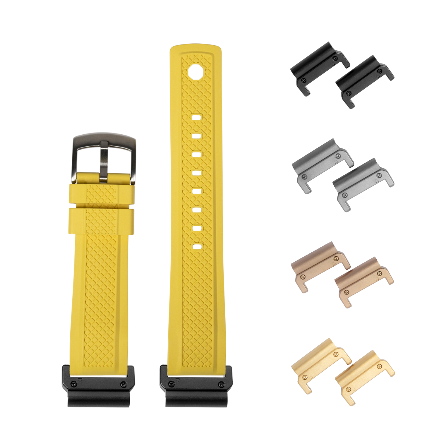 Yellow QuickFit GridLock rubber watch strap 26mm with interchangeable metal lugs in black, silver, bronze and gold finishes