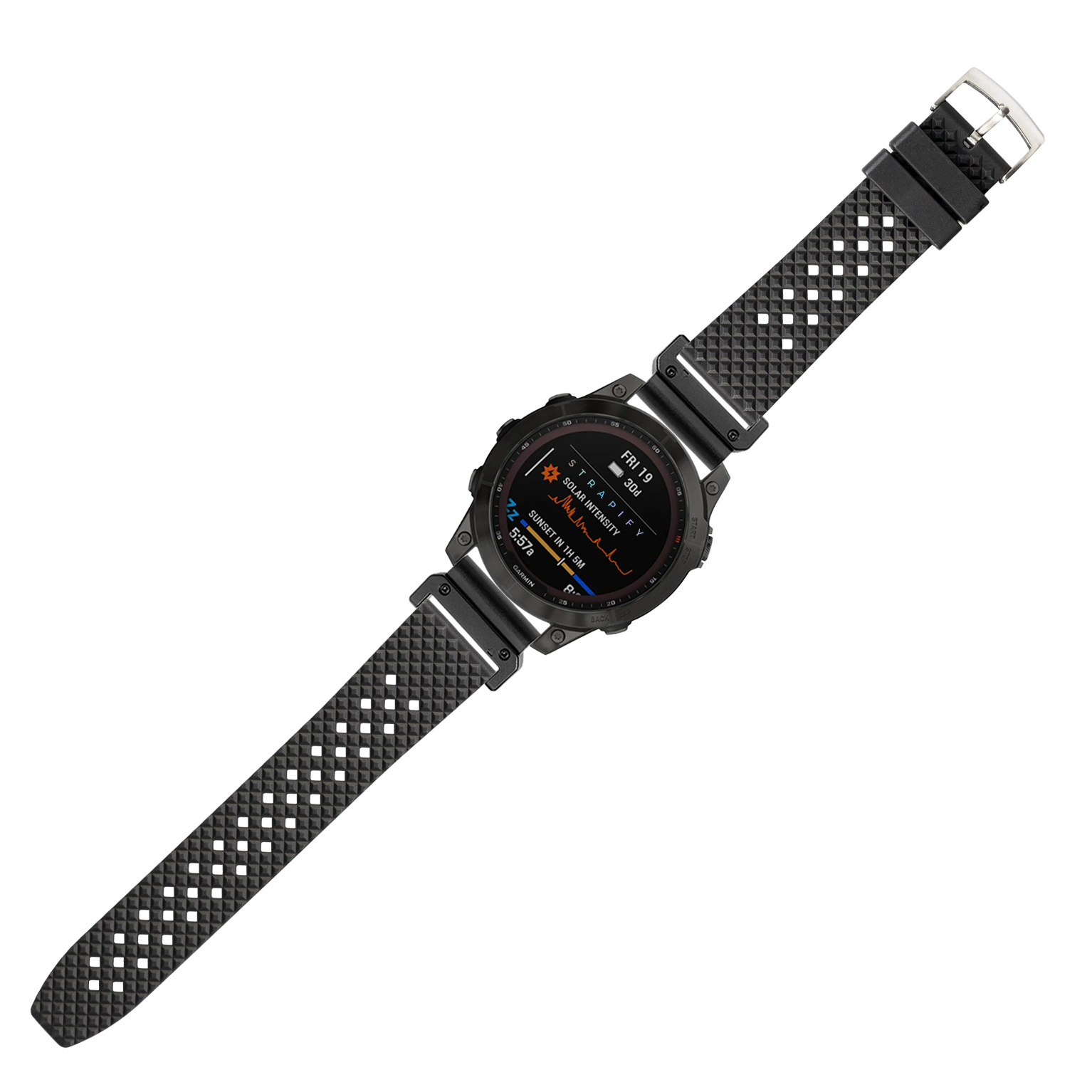 Black rugged smartwatch with AMOLED display and honeycomb pattern rubber strap, QuickFit 26mm band system