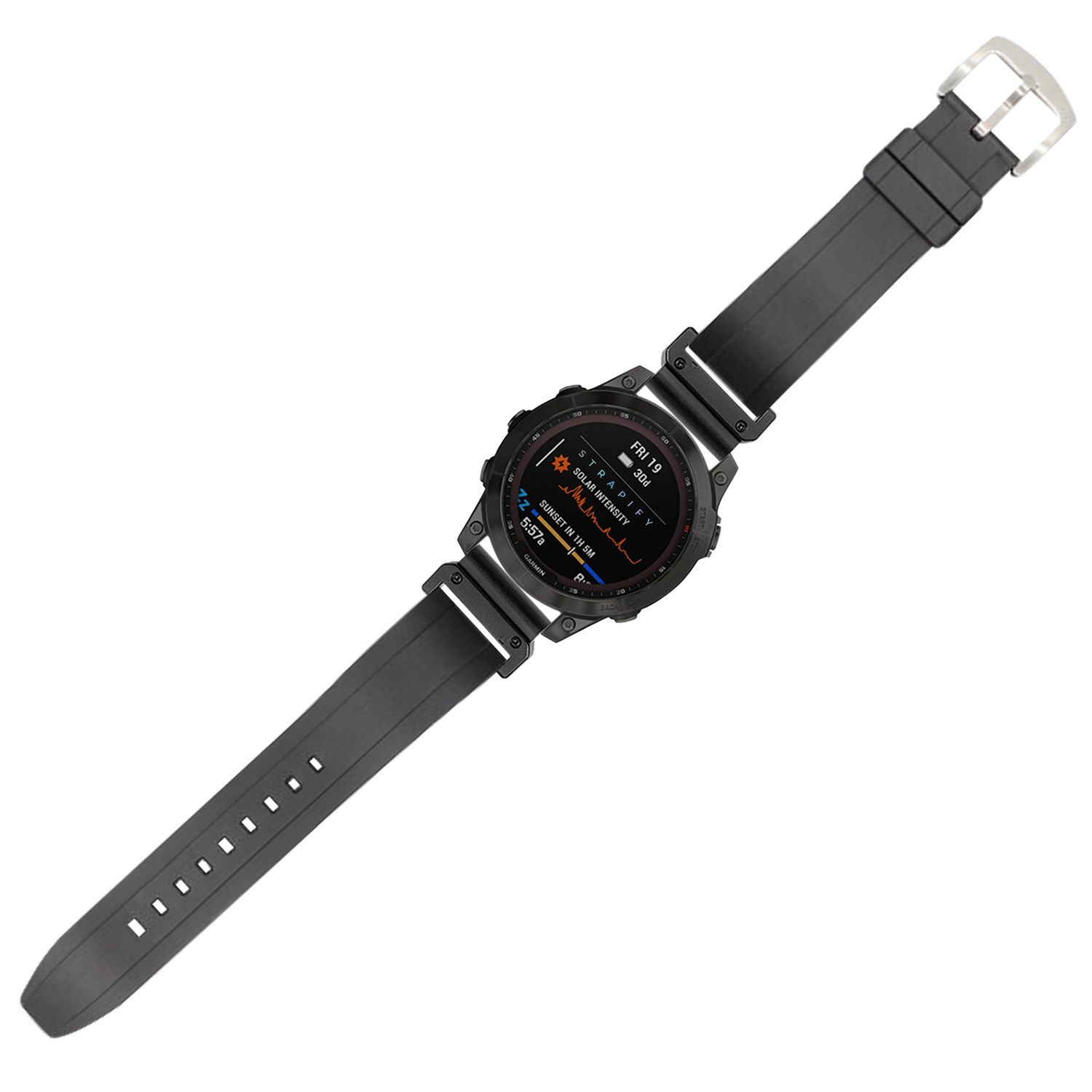 Black FKM rubber smartwatch strap 26mm with quick-fit buckle and silver hardware for tactical watches