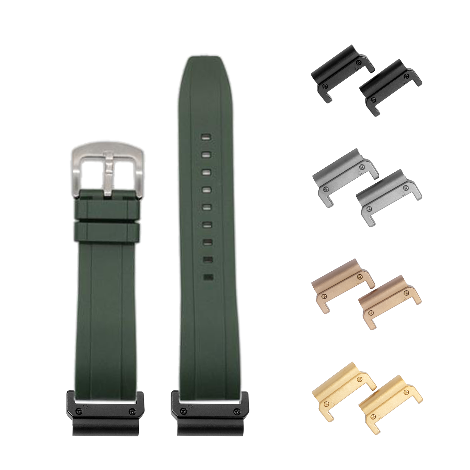 Olive green rubber watch strap with silver buckle and interchangeable metal end links in black, gray, bronze and gold finishes