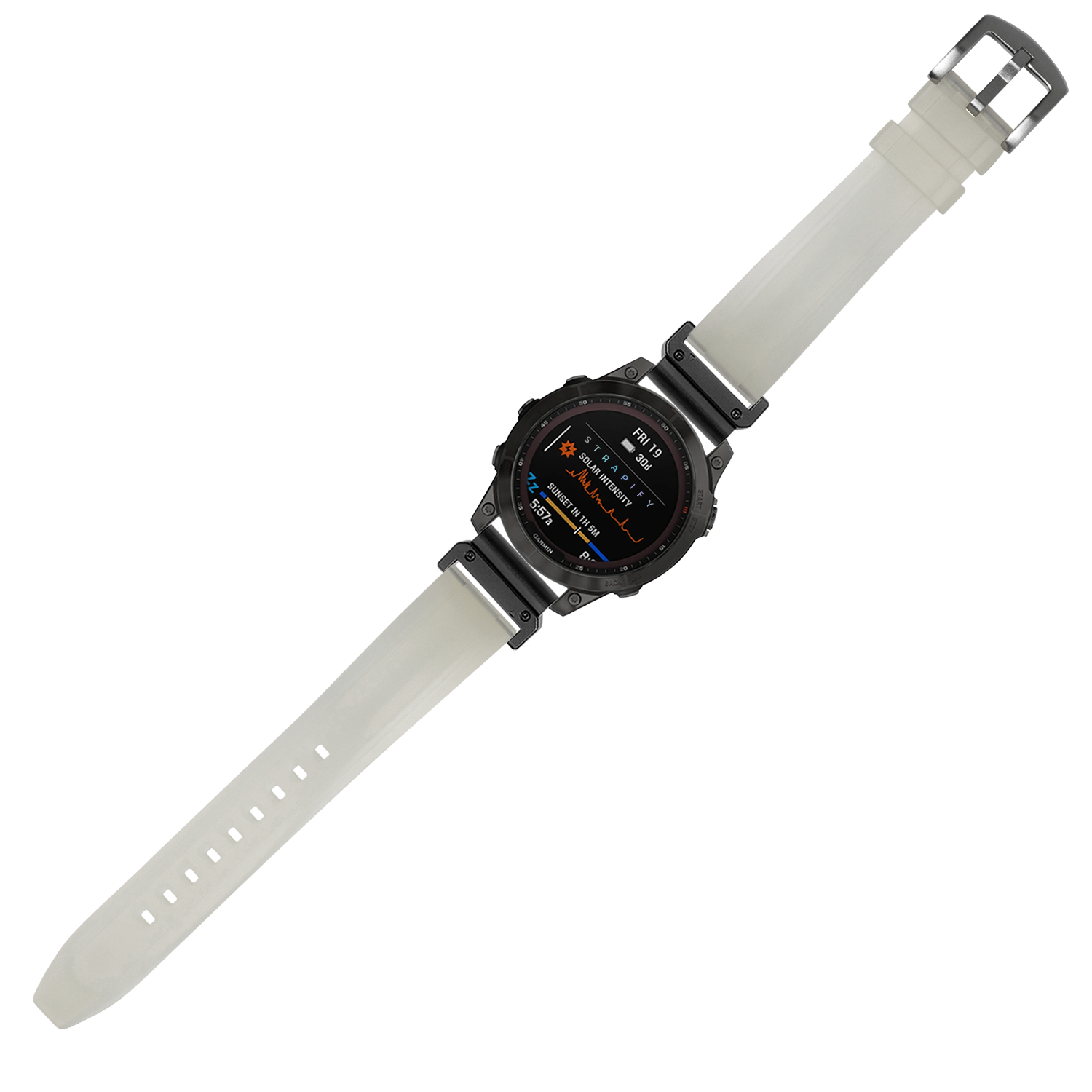 Digital sports watch with black case and cream rubber strap, displaying fitness data on AMOLED screen