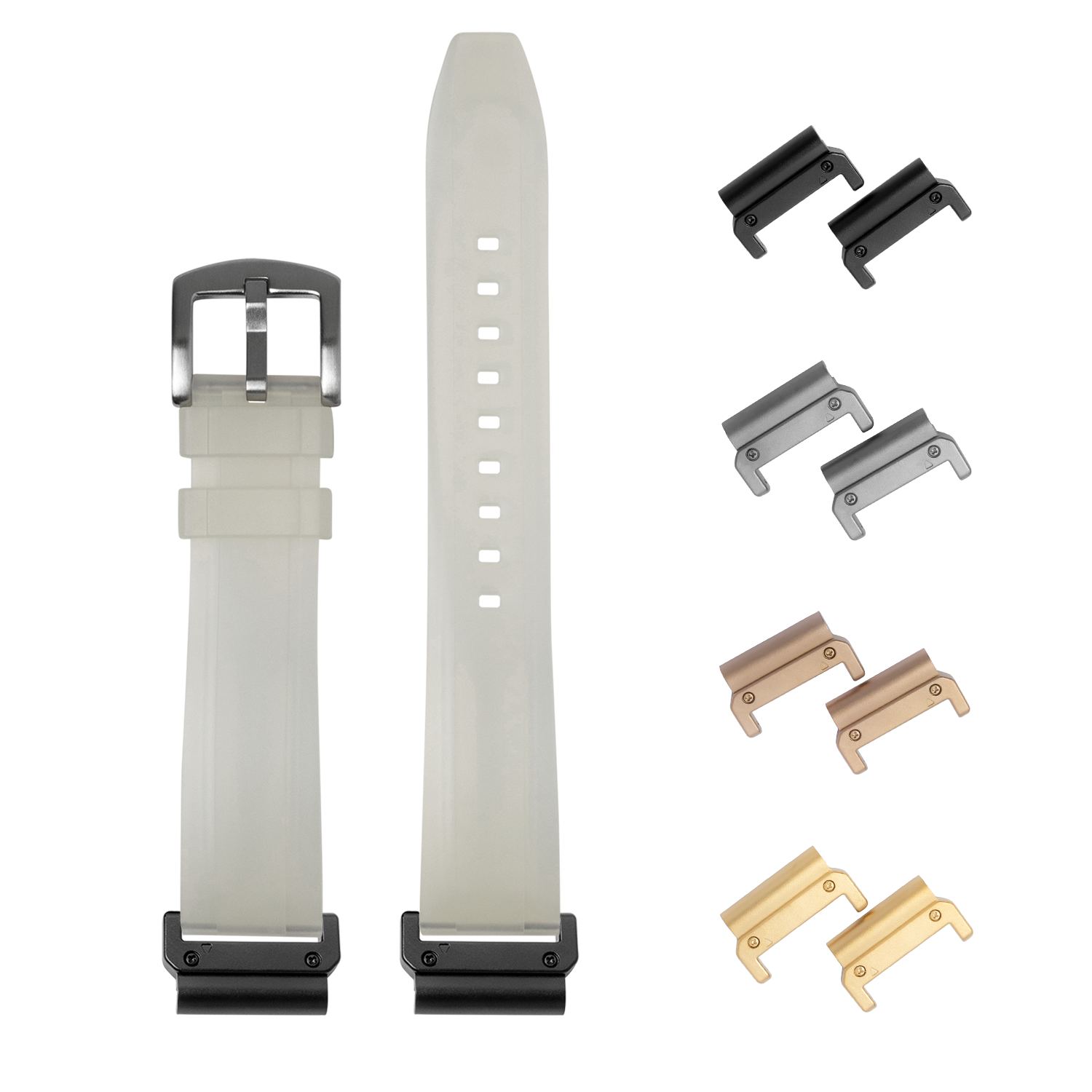 QuickFit Kingston FKM rubber watch strap jellyfish white 26mm with interchangeable lugs in black, silver, bronze and gold finishes
