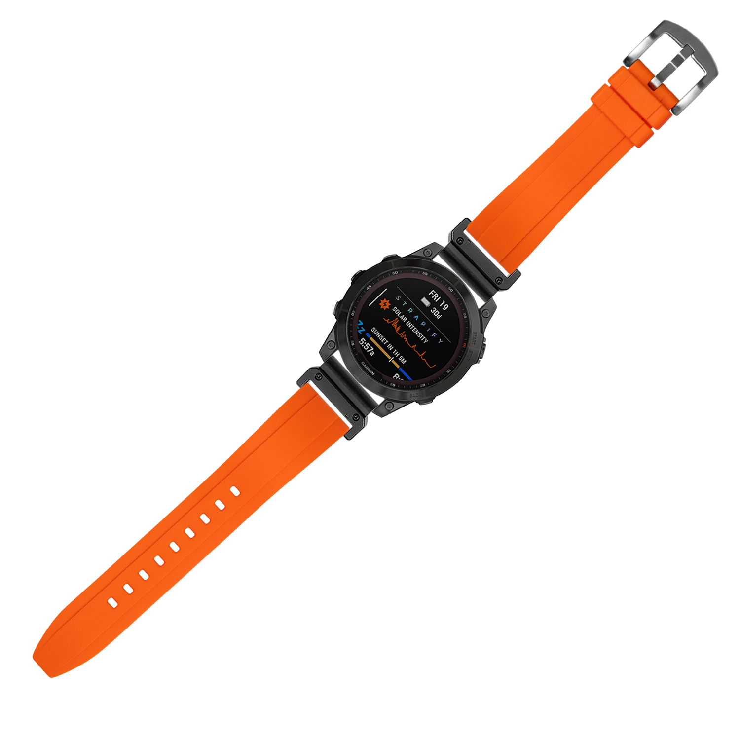Black digital sports watch with bright orange silicone QuickFit band, featuring AMOLED display and metal buckle