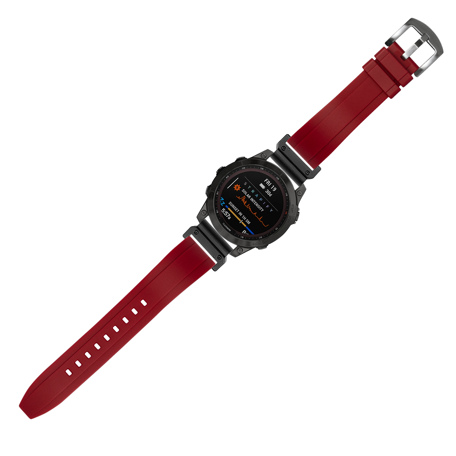Black digital sports watch with red silicone QuickFit rubber strap and metal buckle, featuring AMOLED display and fitness tracking capabilities