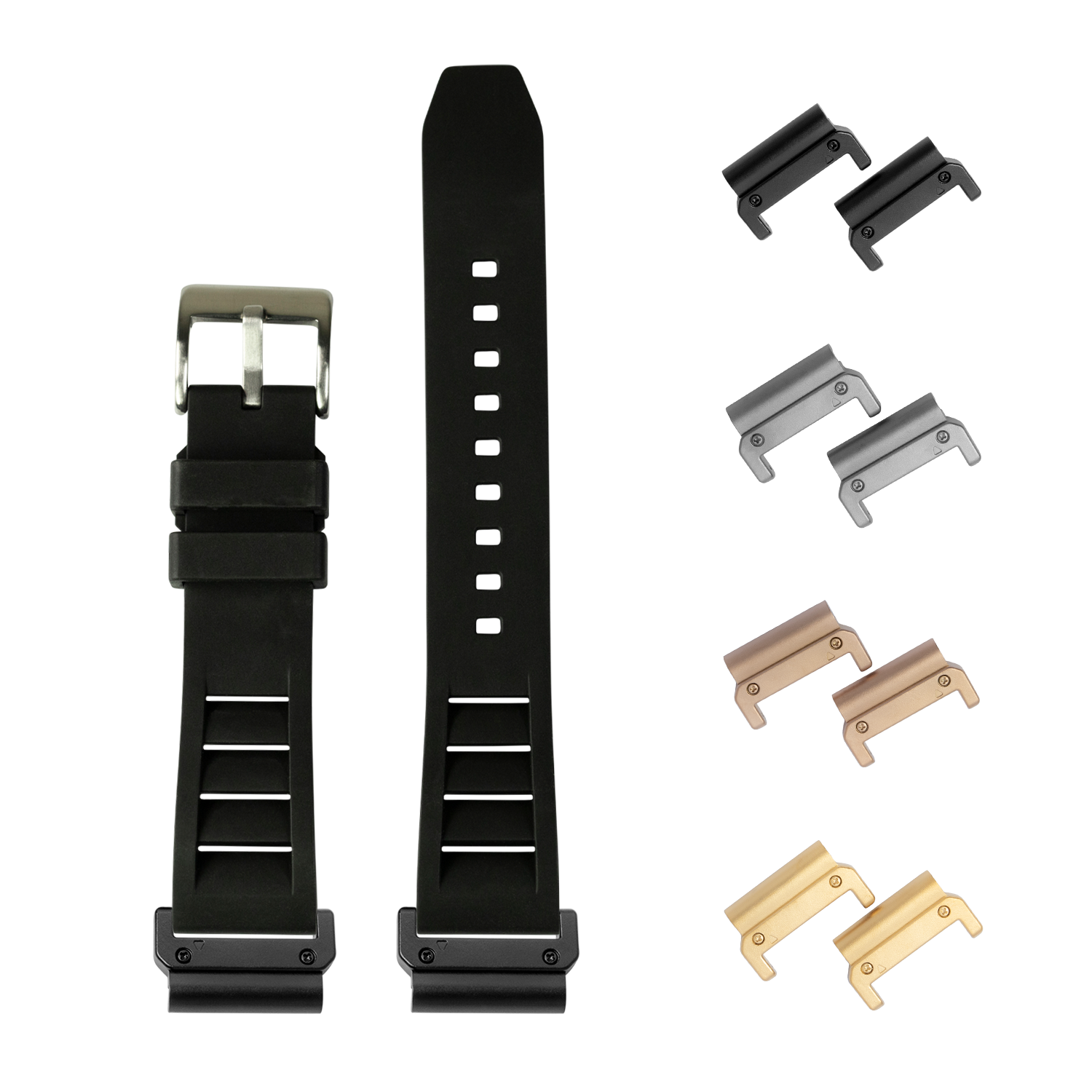 Black rubber watch band with interchangeable lugs in multiple finishes and silver buckle