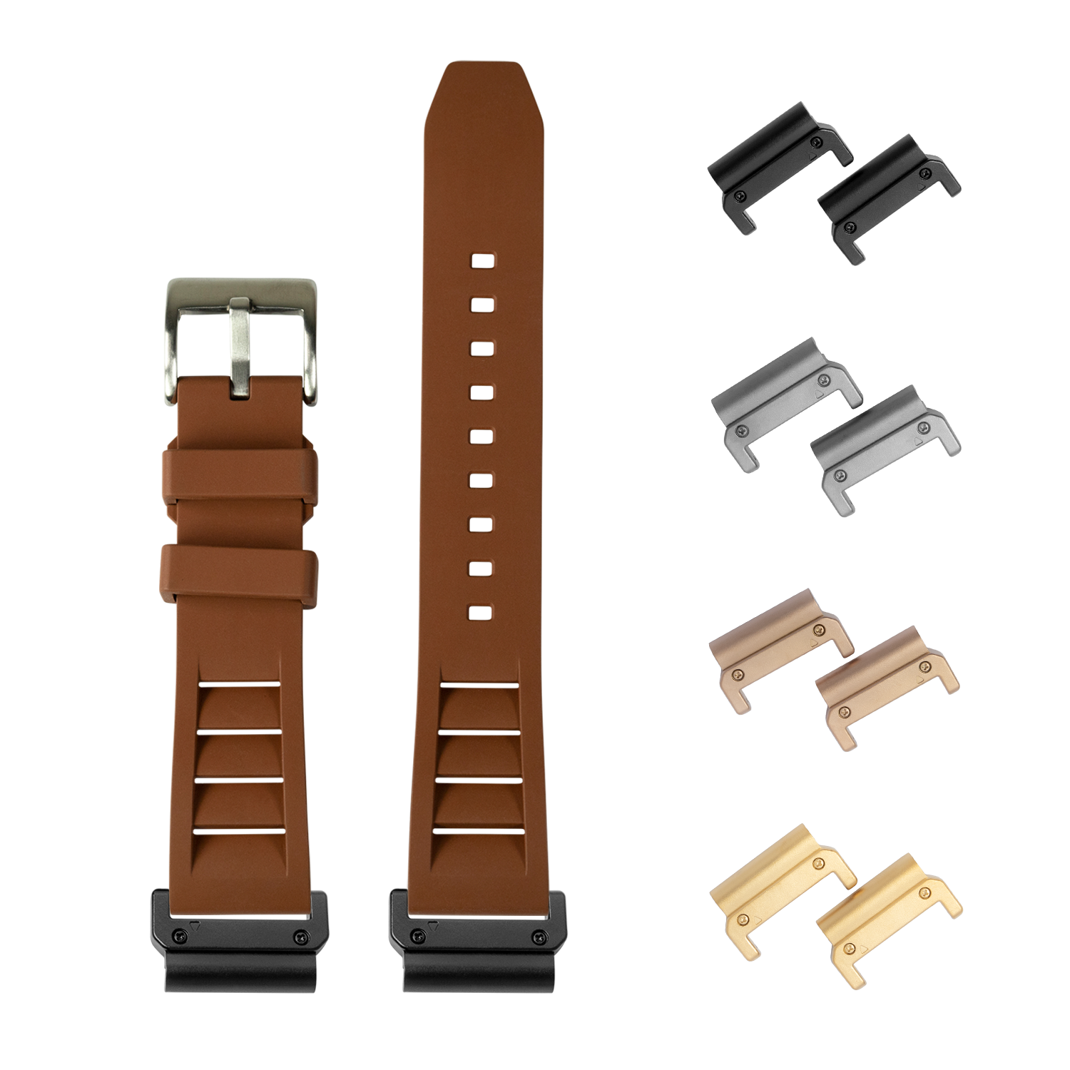 Brown silicone watch strap 26mm with quick-fit system and interchangeable metal lugs in multiple finishes