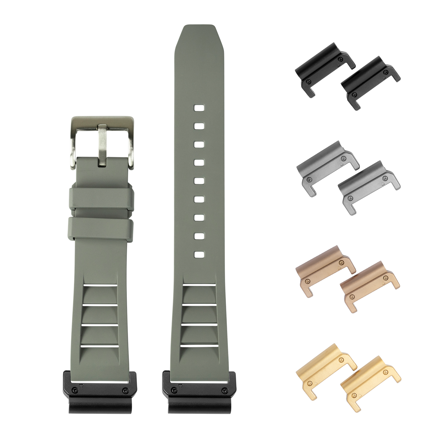 QuickFit shark fin grey FKM rubber watch strap 26mm with interchangeable metal clasp lugs in multiple finishes