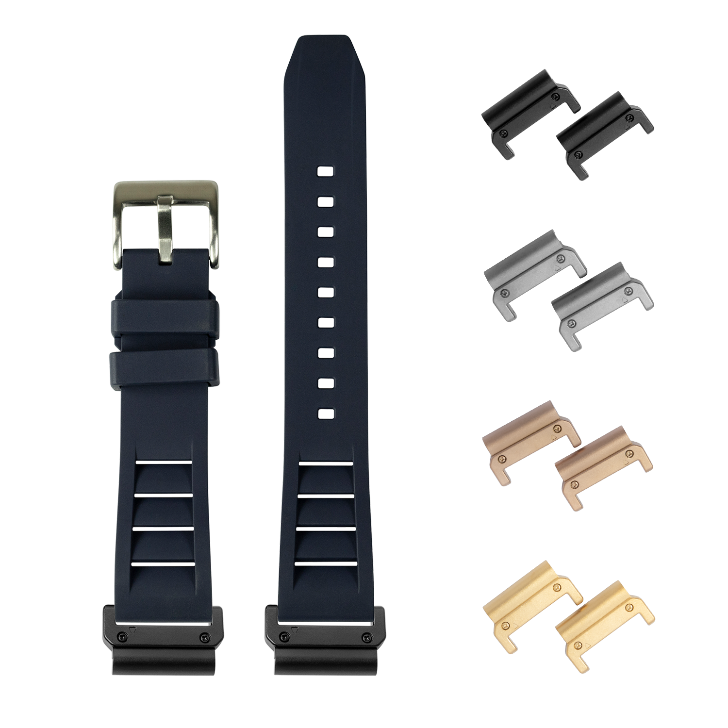 Navy blue QuickFit Shark Fin FKM rubber watch strap 26mm with interchangeable metal lugs in black, silver, bronze and gold finishes