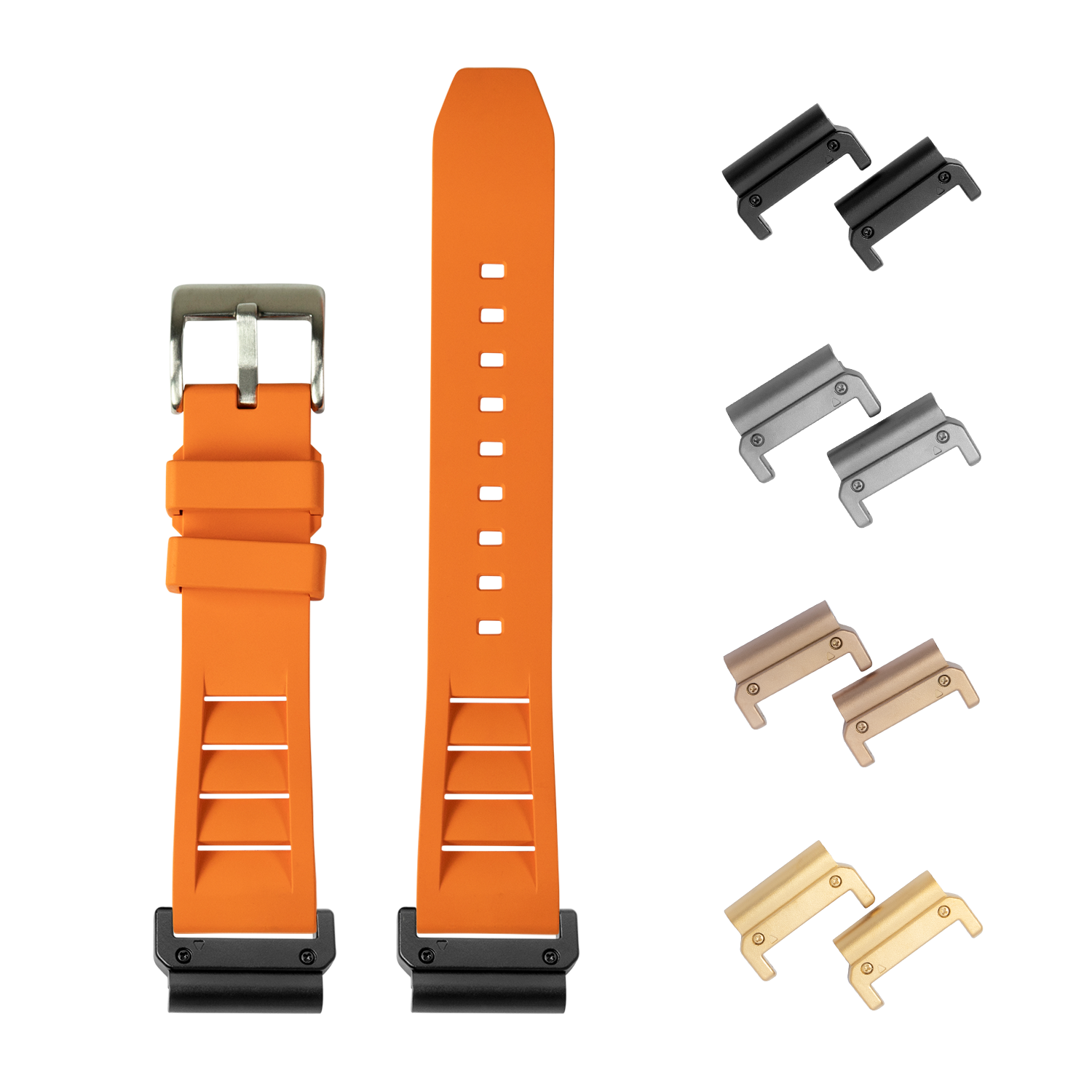 Orange QuickFit FKM rubber watch straps with interchangeable metal connectors in black, silver, bronze and gold finishes