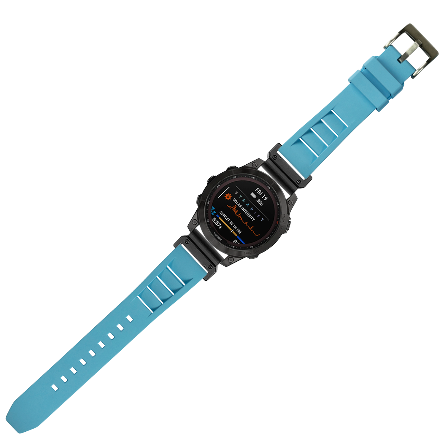 Smartwatch with black digital display and sky blue FKM rubber strap with white markers, QuickFit 26mm band connector