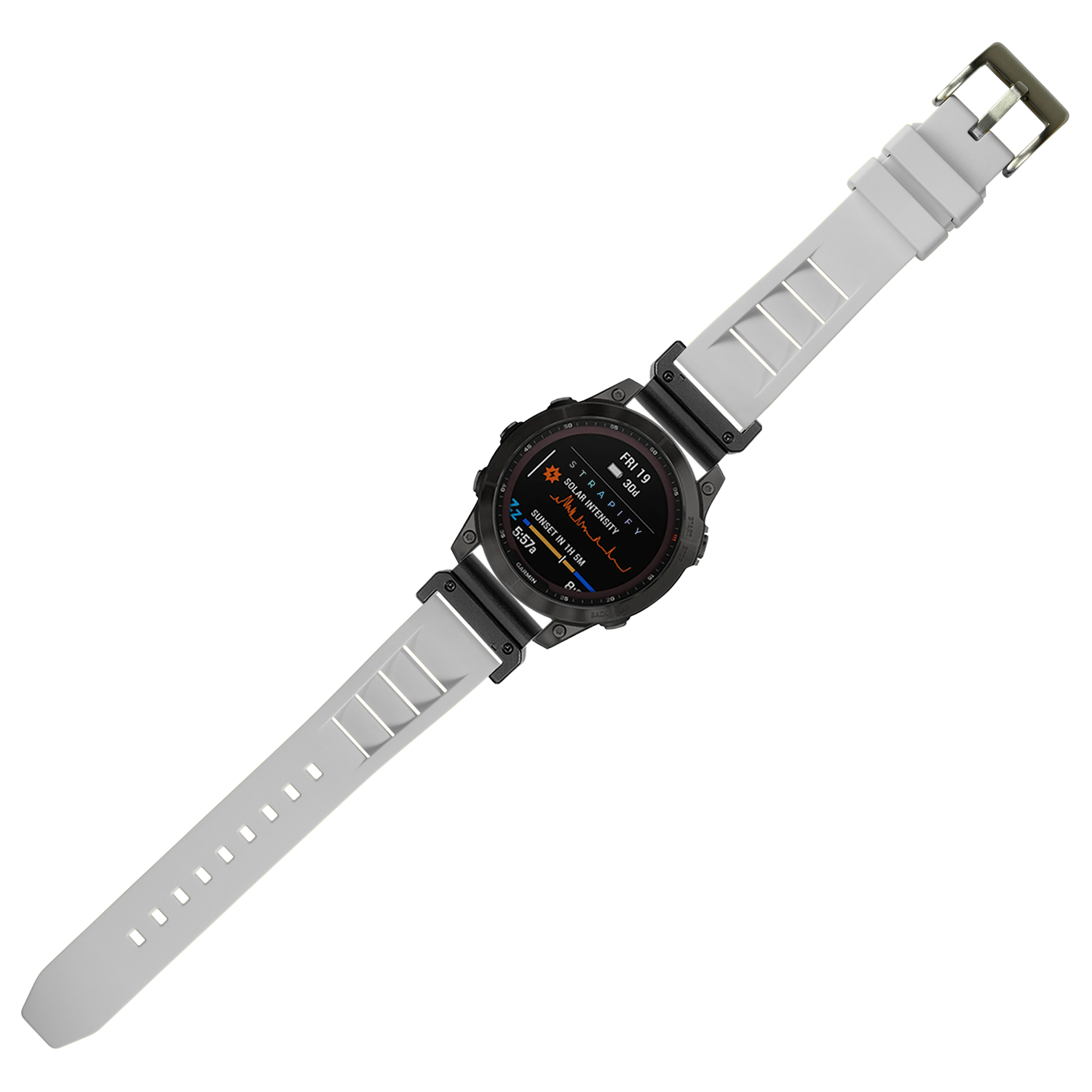 QuickFit Shark Fin FKM rubber white 26mm watch strap with black digital sports watch display