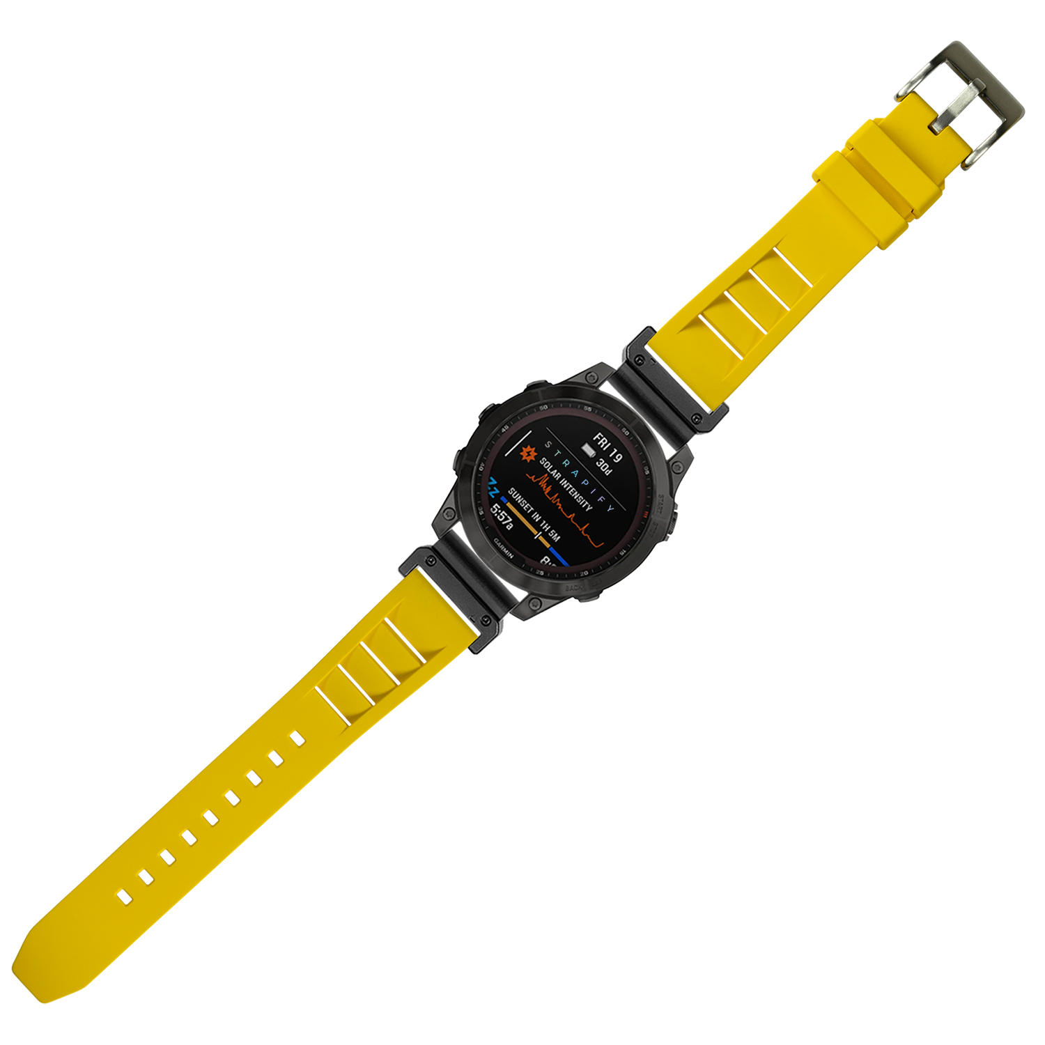 Black digital smartwatch with yellow rubber QuickFit shark fin strap and AMOLED display showing fitness metrics