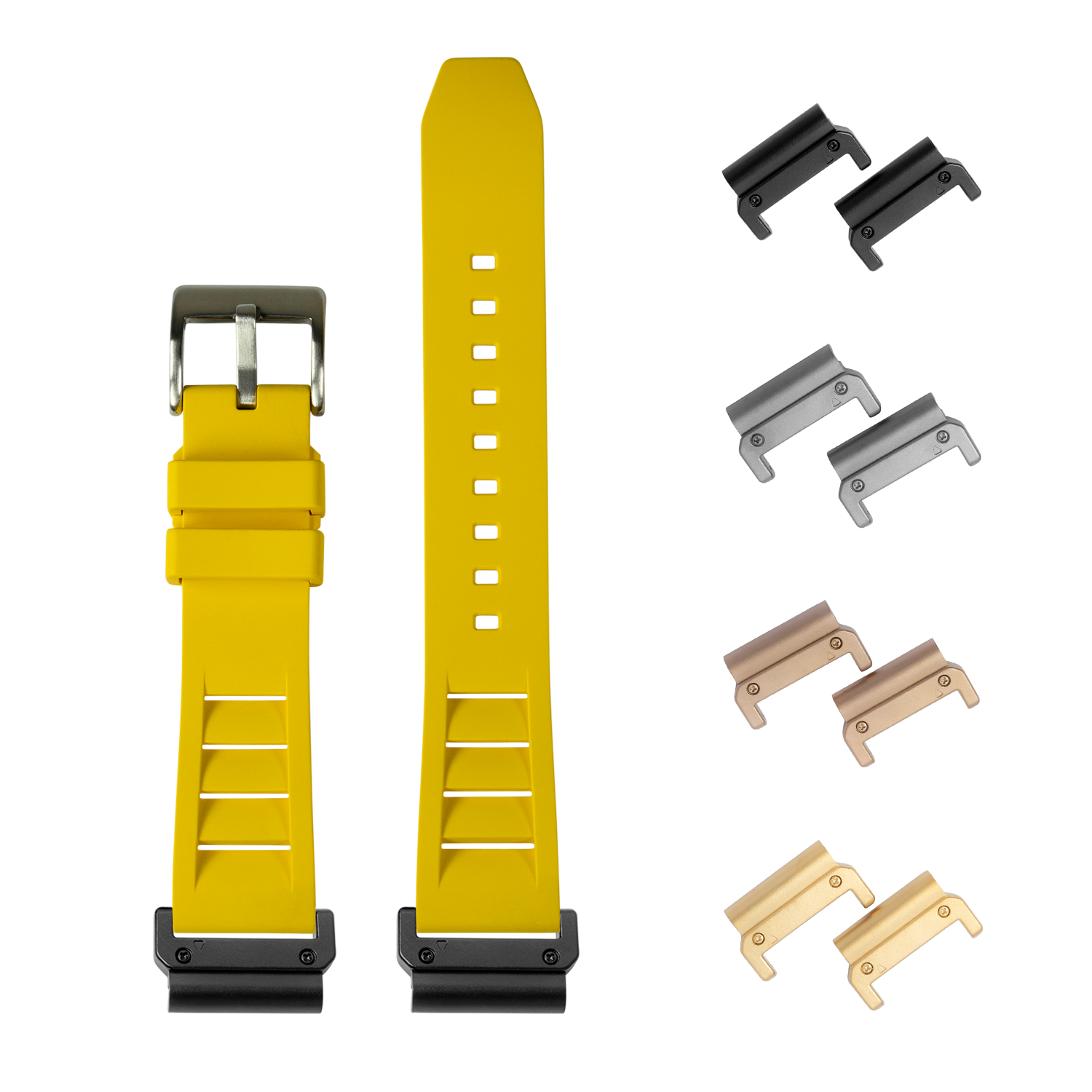 Yellow QuickFit Shark Fin FKM rubber watch strap 26mm with interchangeable metal clasp connectors in black, gunmetal, rose gold and champagne finishes