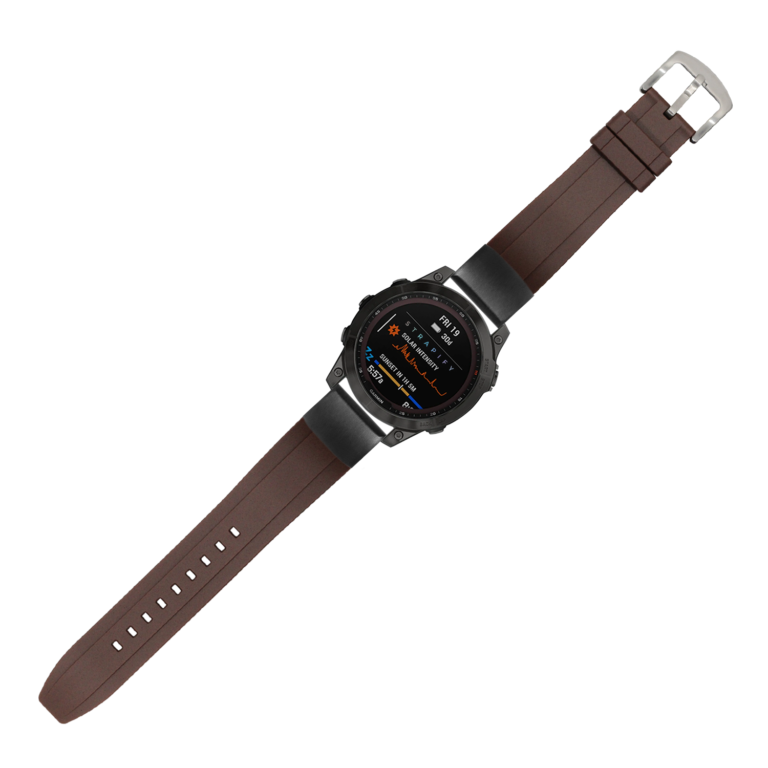 Digital smartwatch with round black face, brown FKM rubber strap, silver buckle, displaying fitness metrics and time