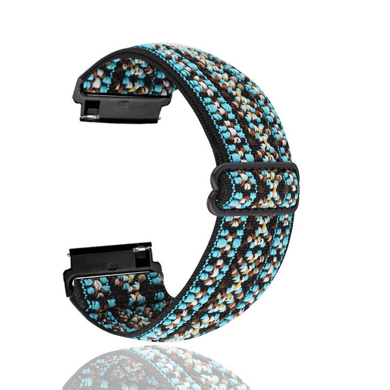 Quick release weaved elastic loop smartwatch band with turquoise, brown and white geometric pattern