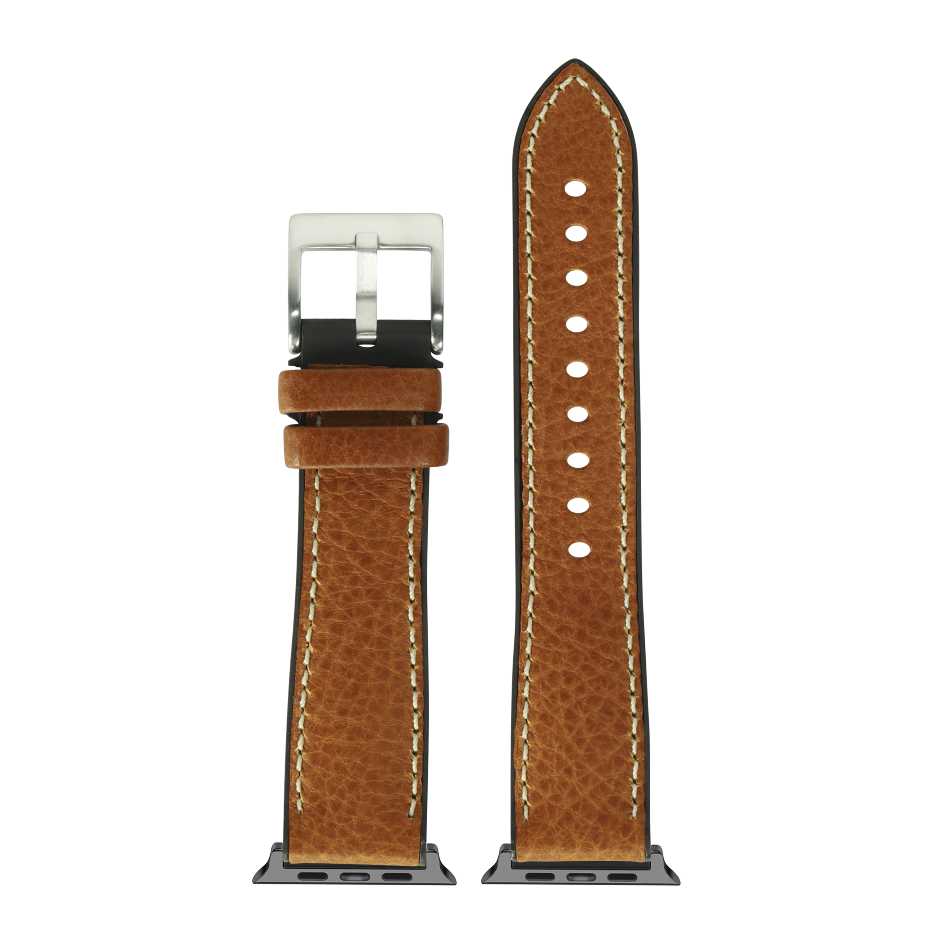 Brown Italian leather hybrid smartwatch band with contrasting white stitching, stainless steel buckle, and FKM rubber base for Apple Watch