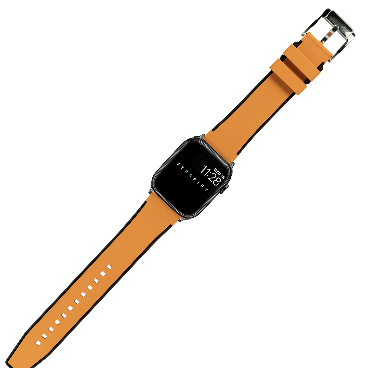 Orange and black FKM rubber smartwatch band with metal buckle for Apple Watch, featuring adjustable sizing holes