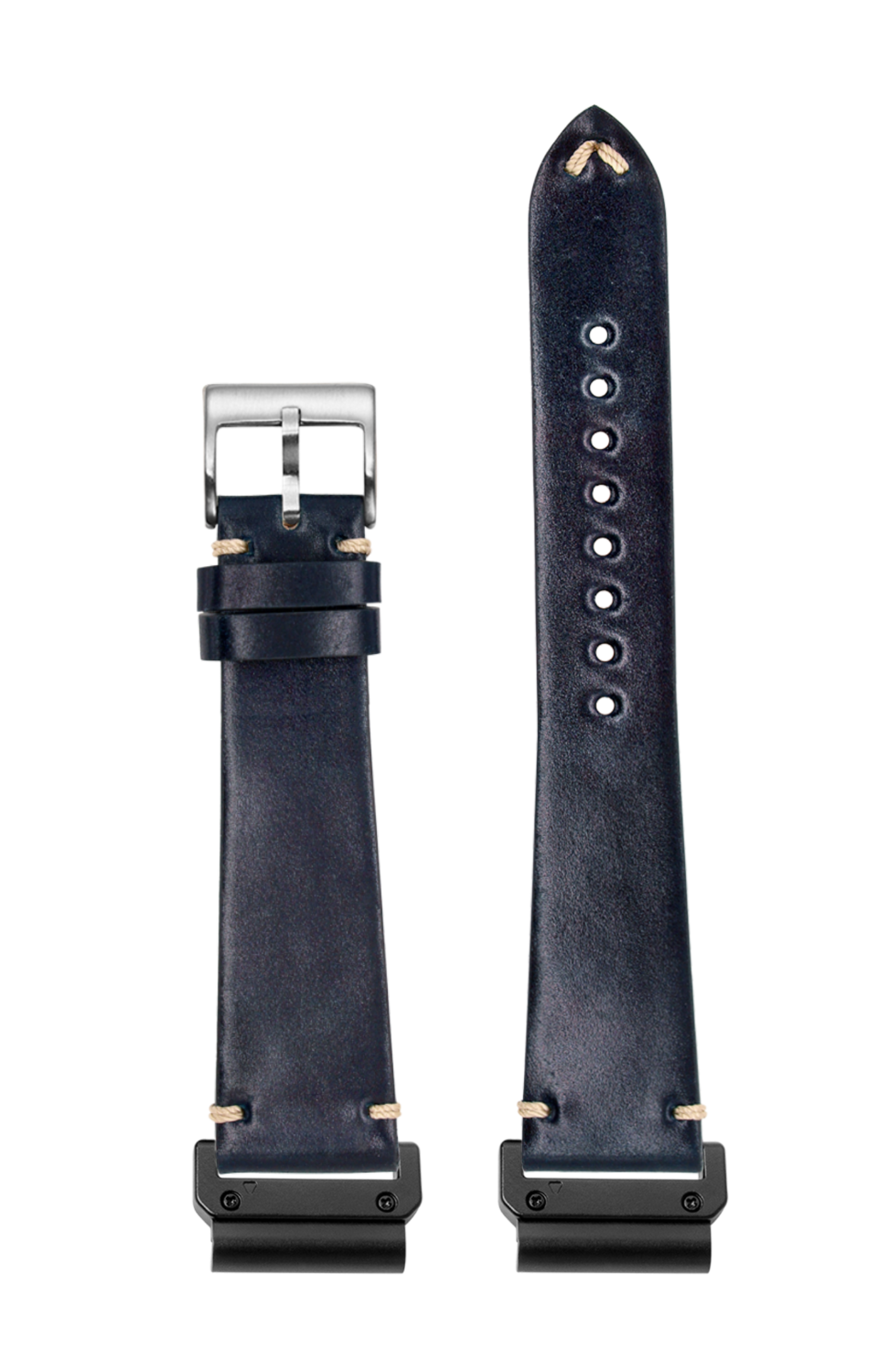 Black leather watch strap with metal buckle and quick-fit connector lugs, shown assembled and disassembled views