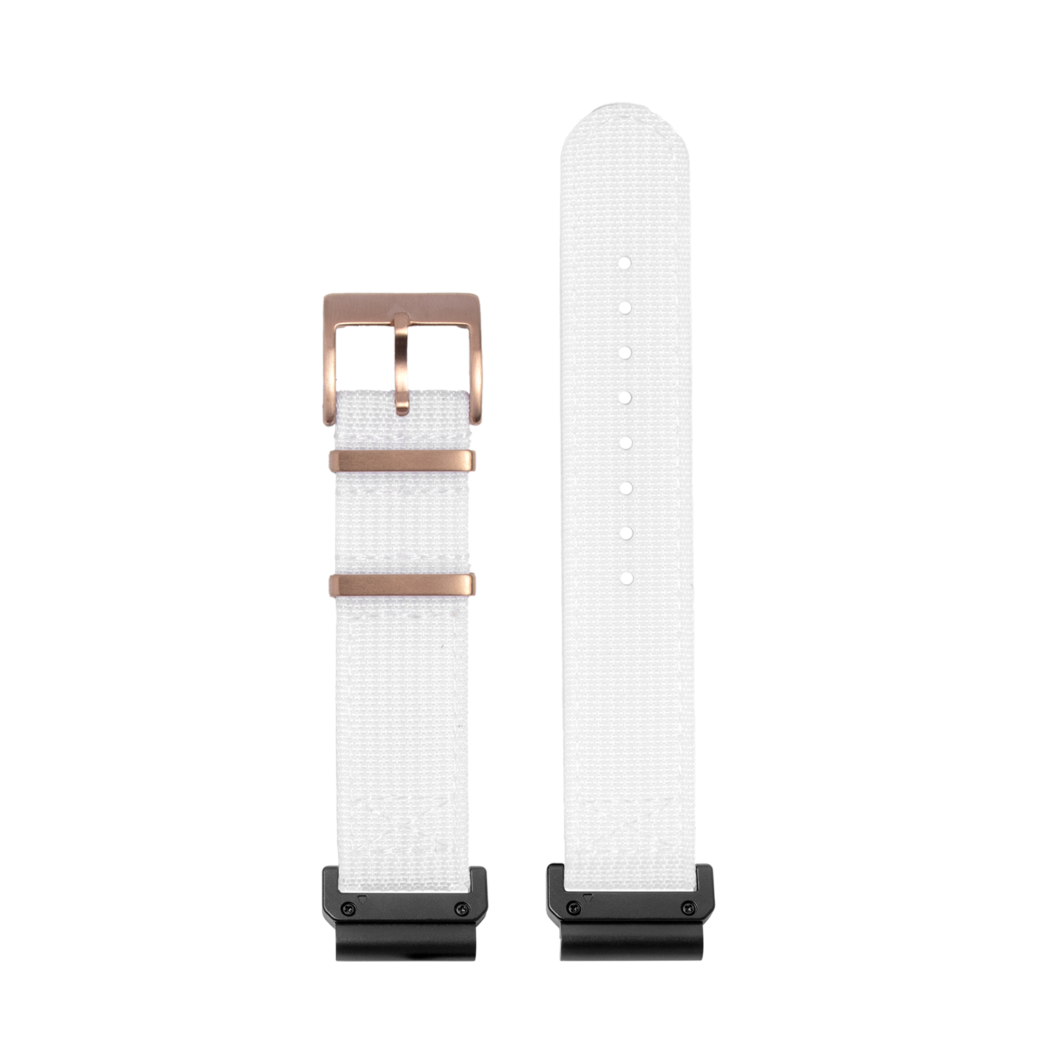 White Alpha Militex QuickFit watch strap with rose gold buckle and black connectors