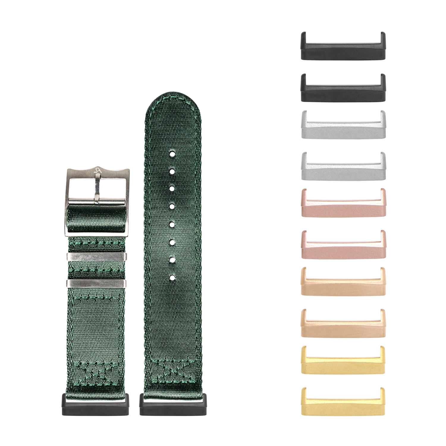 Green fabric watch band with metal buckle and interchangeable lugs in multiple colors for Fitbit Versa and Sense smartwatches