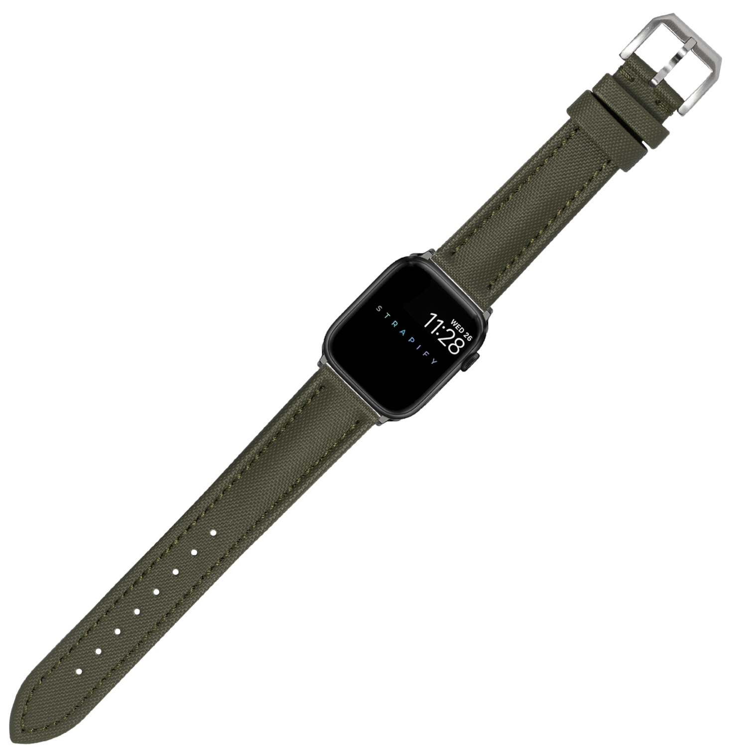 Apple Watch with army green sailcloth band and silver buckle displaying time on black square face