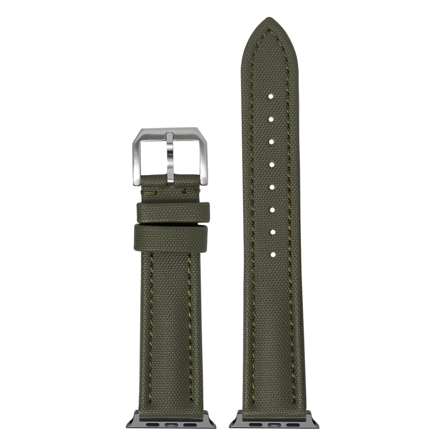Olive green canvas smartwatch band with stainless steel buckle, displayed with attachment adapter and full length strap showing adjustment holes