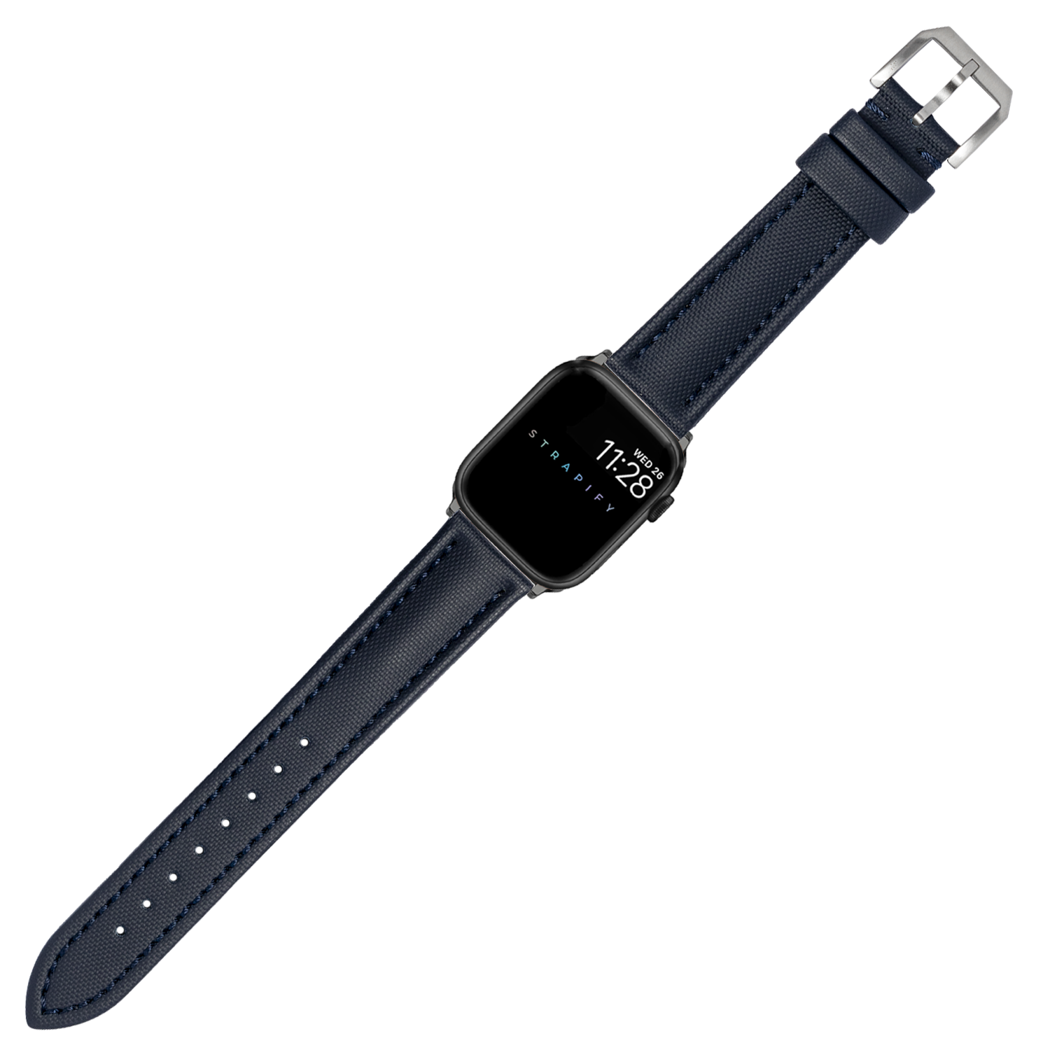 Navy blue sailcloth Apple Watch band with silver buckle and digital display showing time