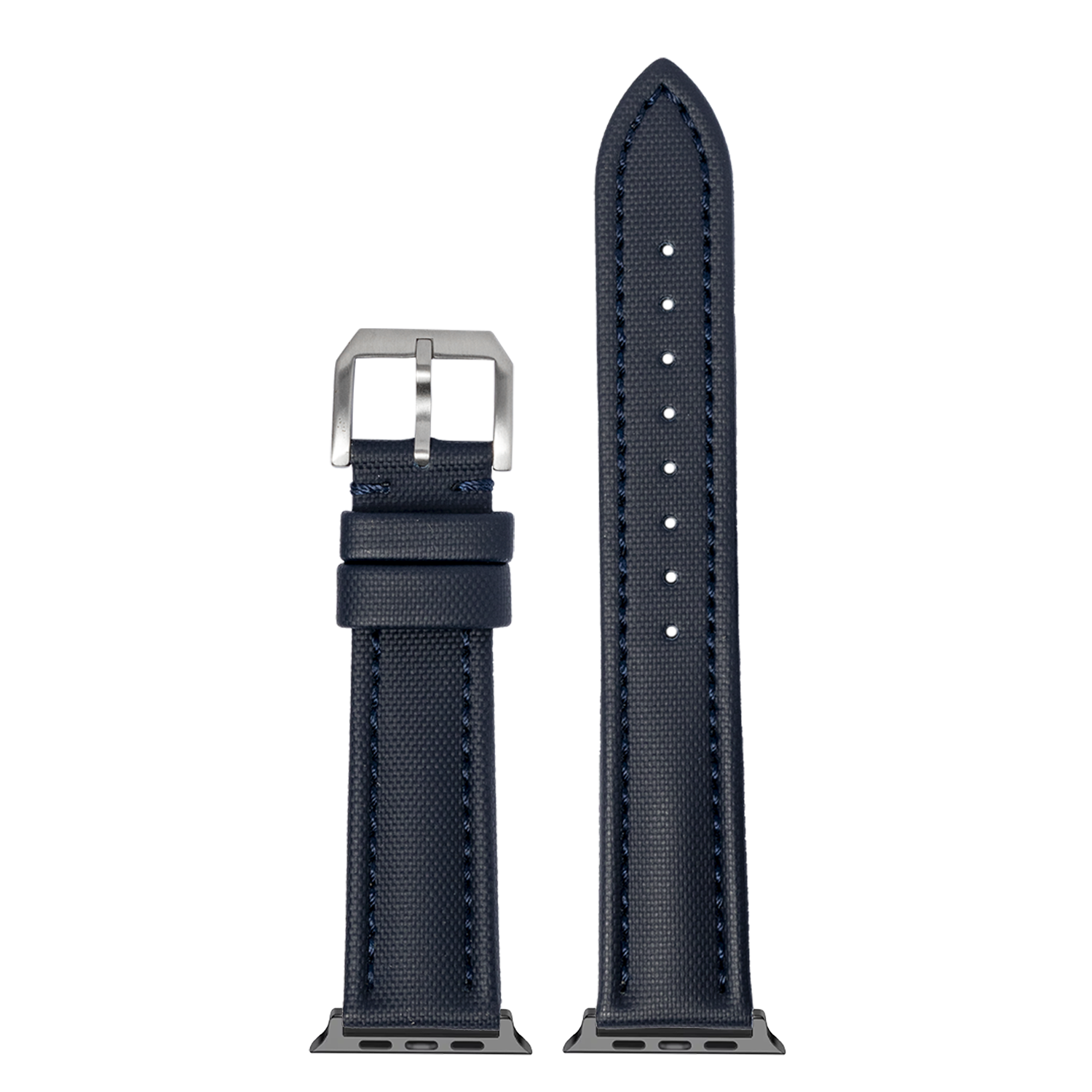 Navy blue sailcloth Apple Watch band with stainless steel buckle and white stitching, shown assembled and unassembled