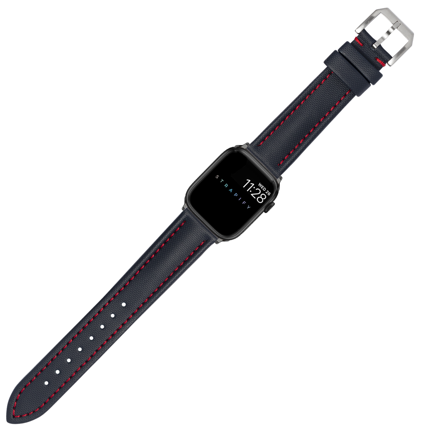 Smartwatch with black square face displaying time, paired with navy blue sailcloth band featuring red contrast stitching and silver buckle