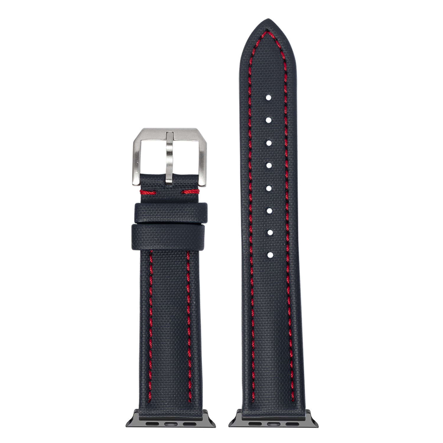 Navy blue sailcloth Apple Watch band with red stitching and silver buckle, shown assembled and unassembled