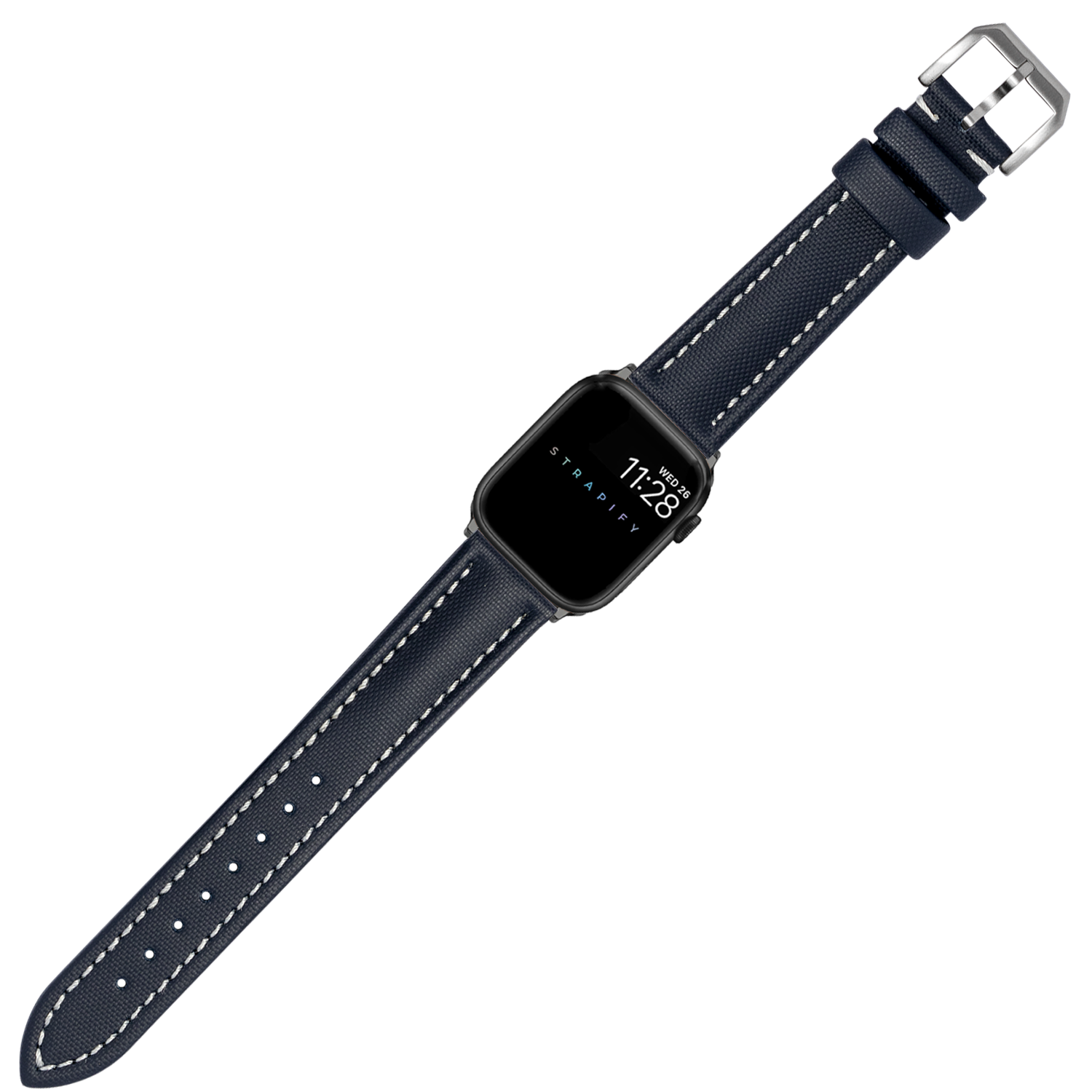 Navy blue canvas smartwatch band with white stitching and silver buckle, compatible with Apple Watch