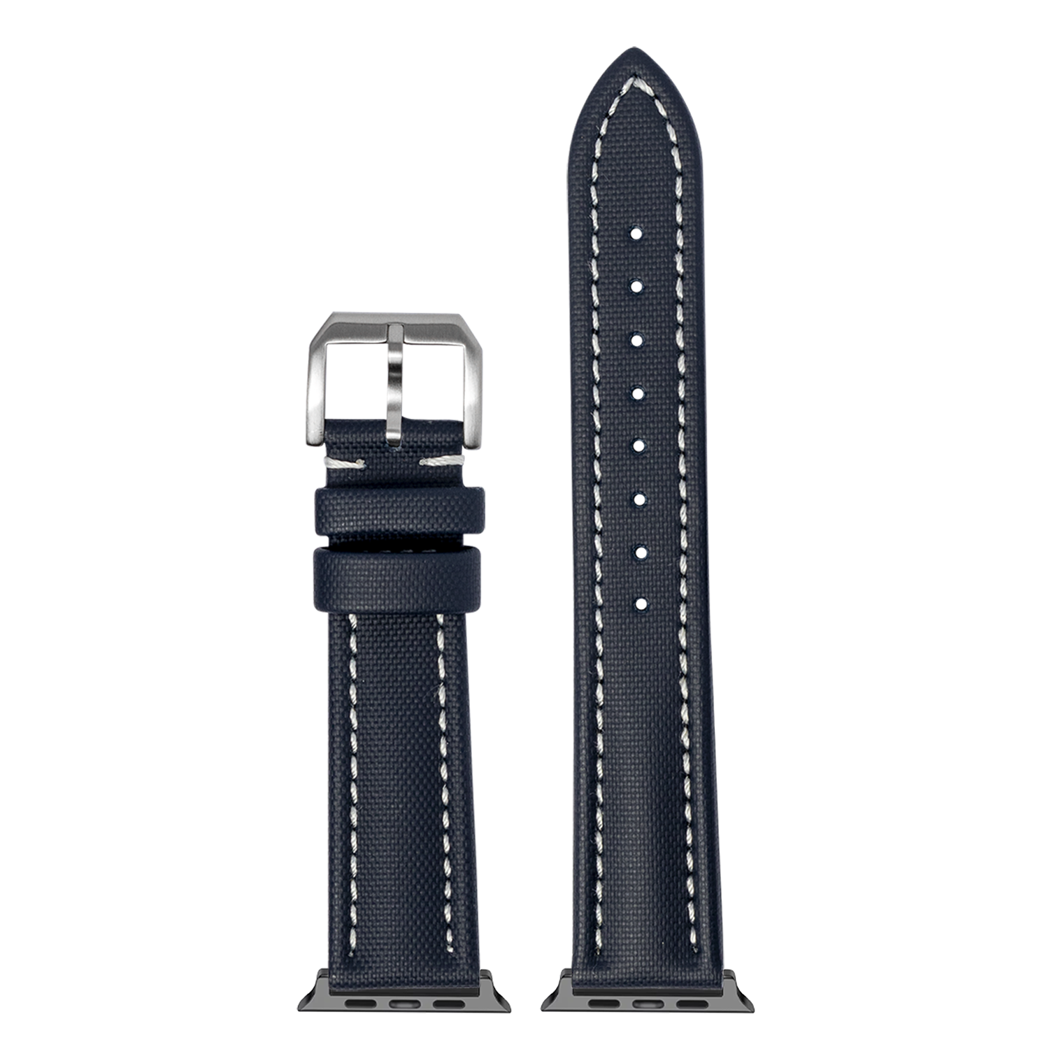 Navy blue sailcloth Apple Watch band with white contrast stitching, silver buckle and connector adapters shown