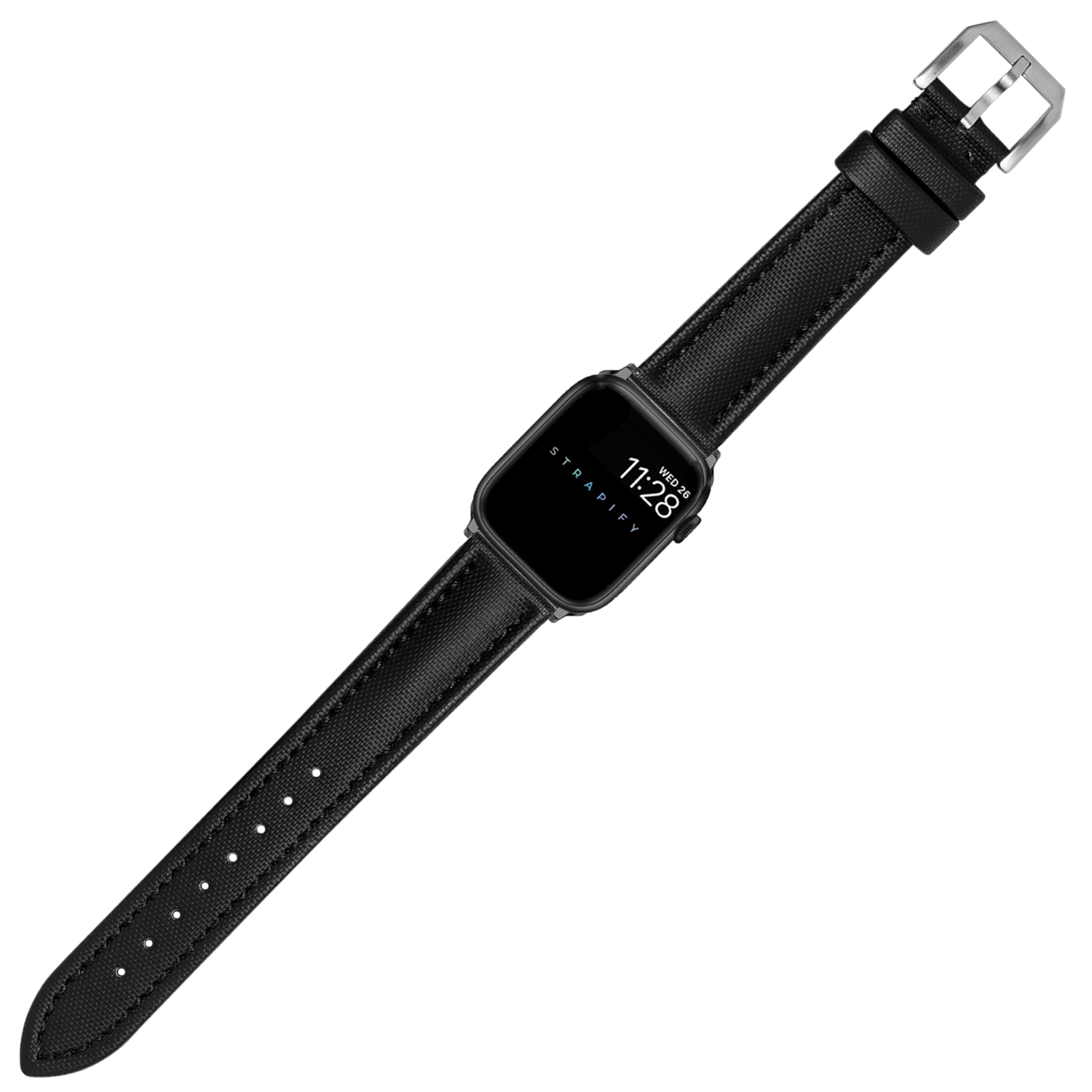 Black sailcloth Apple Watch band with silver buckle and adjustable strap display