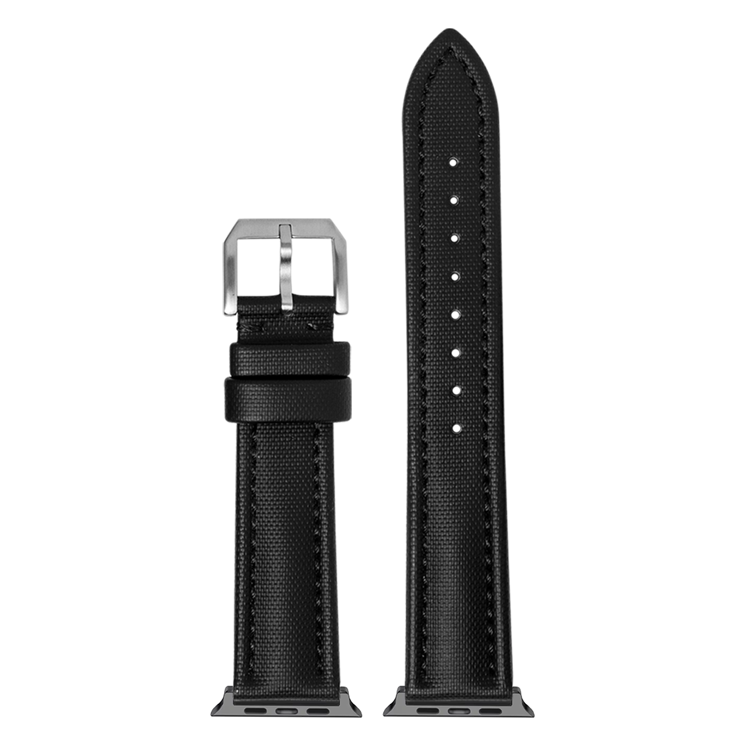Black sailcloth Apple Watch band with silver buckle and connector adapters shown assembled and unassembled